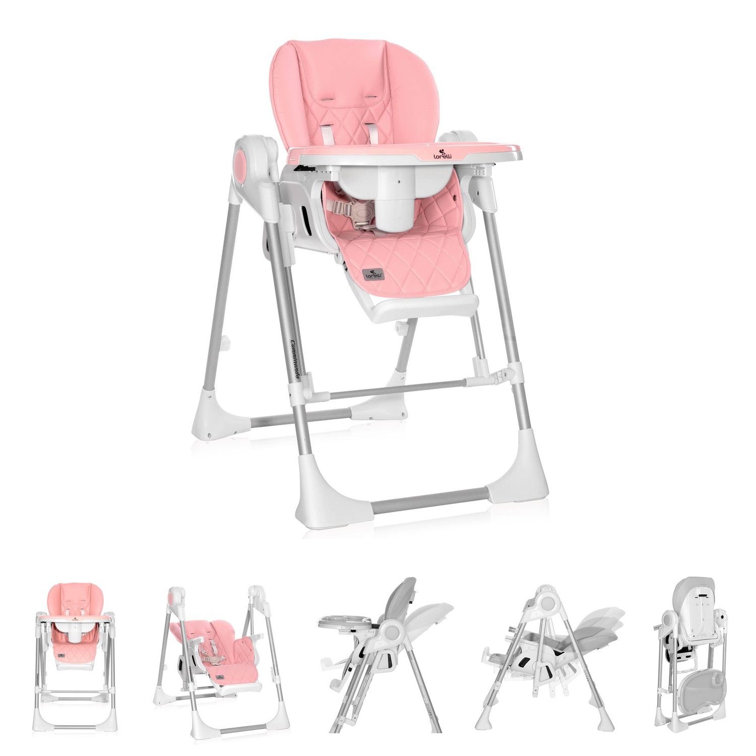 Lorelli Hochstuhl Kinderhochstuhl 2 in 1 Camminando, Babywippe verstellbar Schwingfunktion rosa