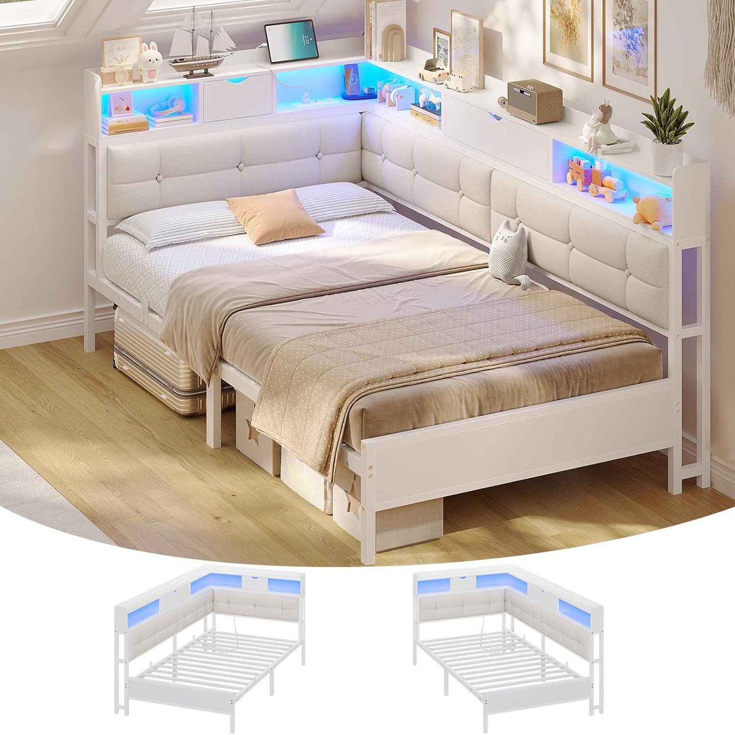 MSMASK Daybett Polsterbett Jugendbett mit LED-Beleuchtung und USB-Ladestation, Bettgestell mit Lattenrost aus Metall, 90 x 200 cm