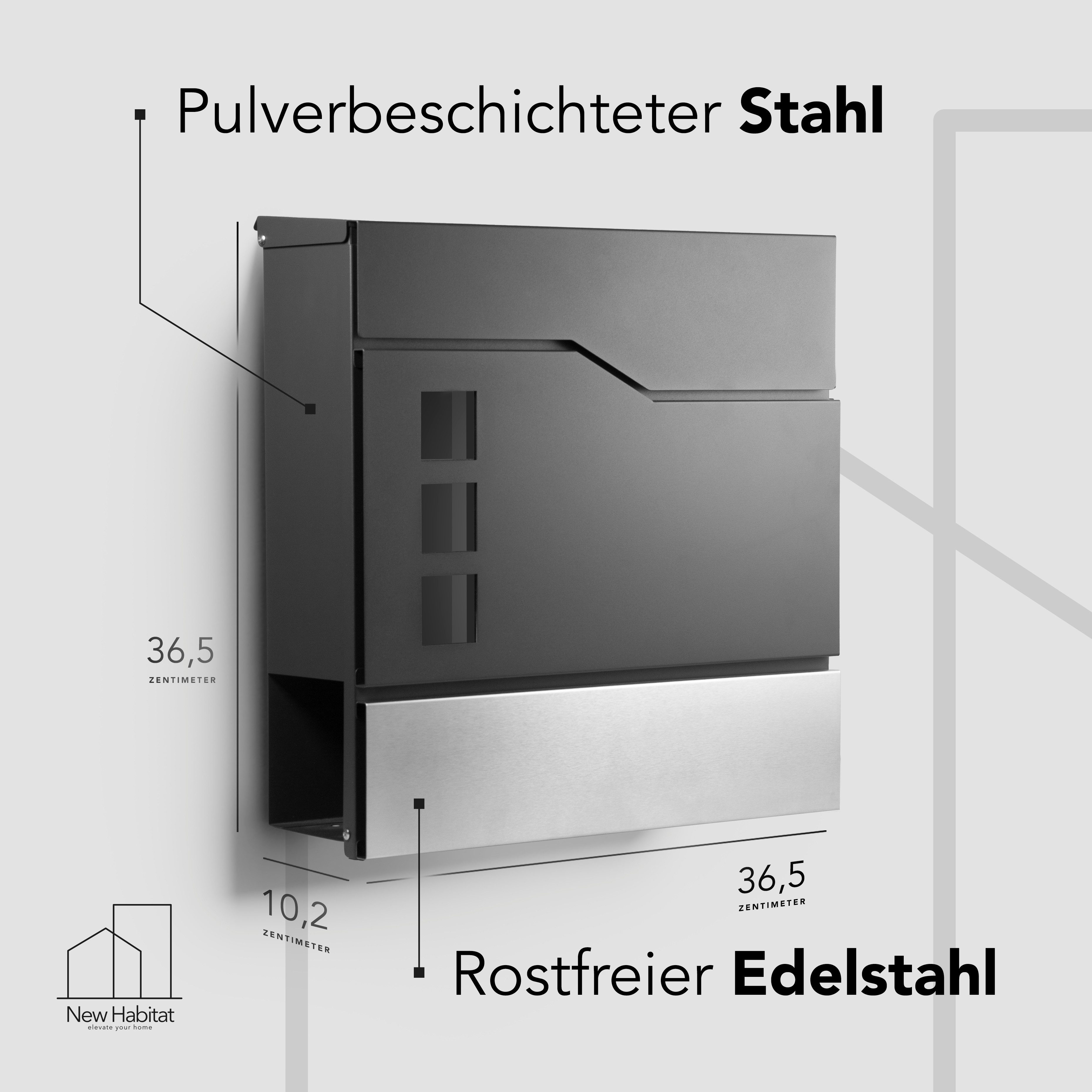 NewHabitat Briefkasten Moderner Wandbriefkasten Personalisierbar Anthrazit RAL7016 (Komplettset, Modell: Stockholm), Rostfrei