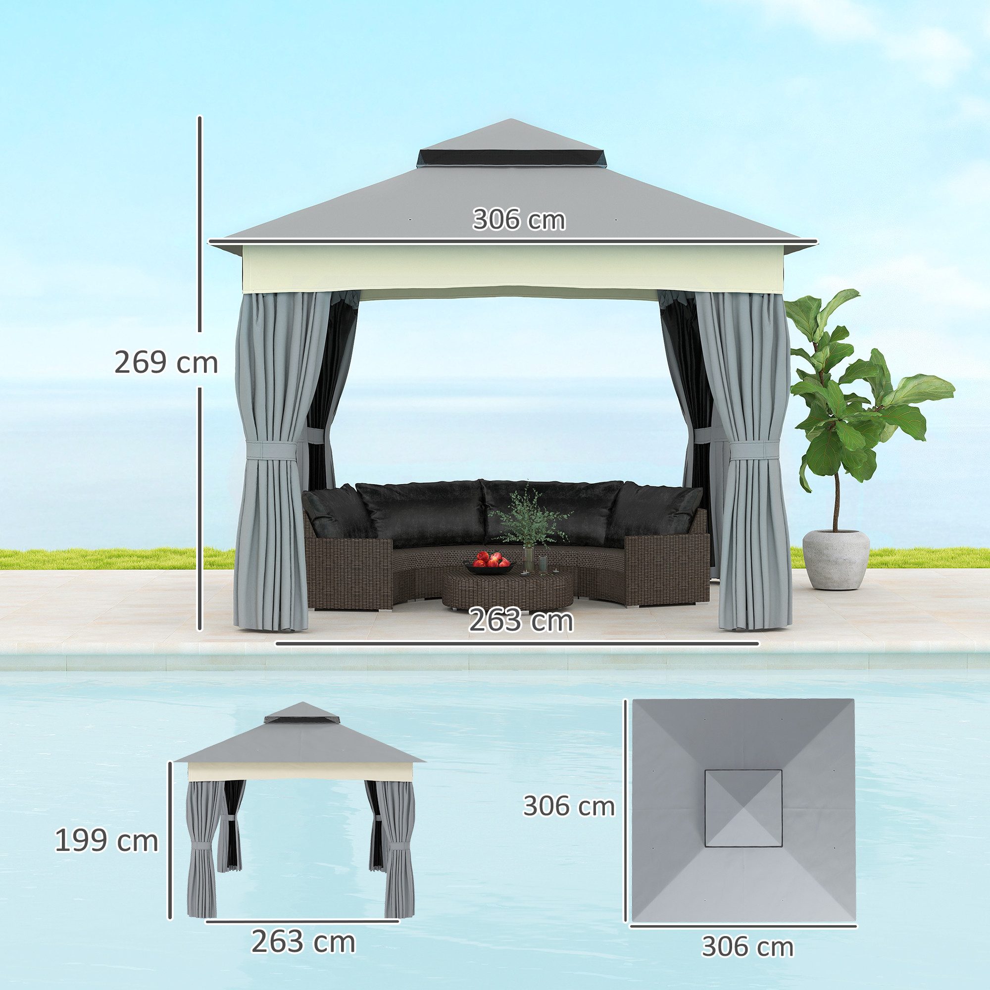 Outsunny Pavillon mit Doppeldach, 3x3 m, mit Moskitonetz, Seitenteile, mit 4 Seitenteilen, (Wasserabweisend Stabil Winterfest Gartenpavillon, Garten-Pavillon), aus Metall, für Garten, Terrasse, Dunkelgrau