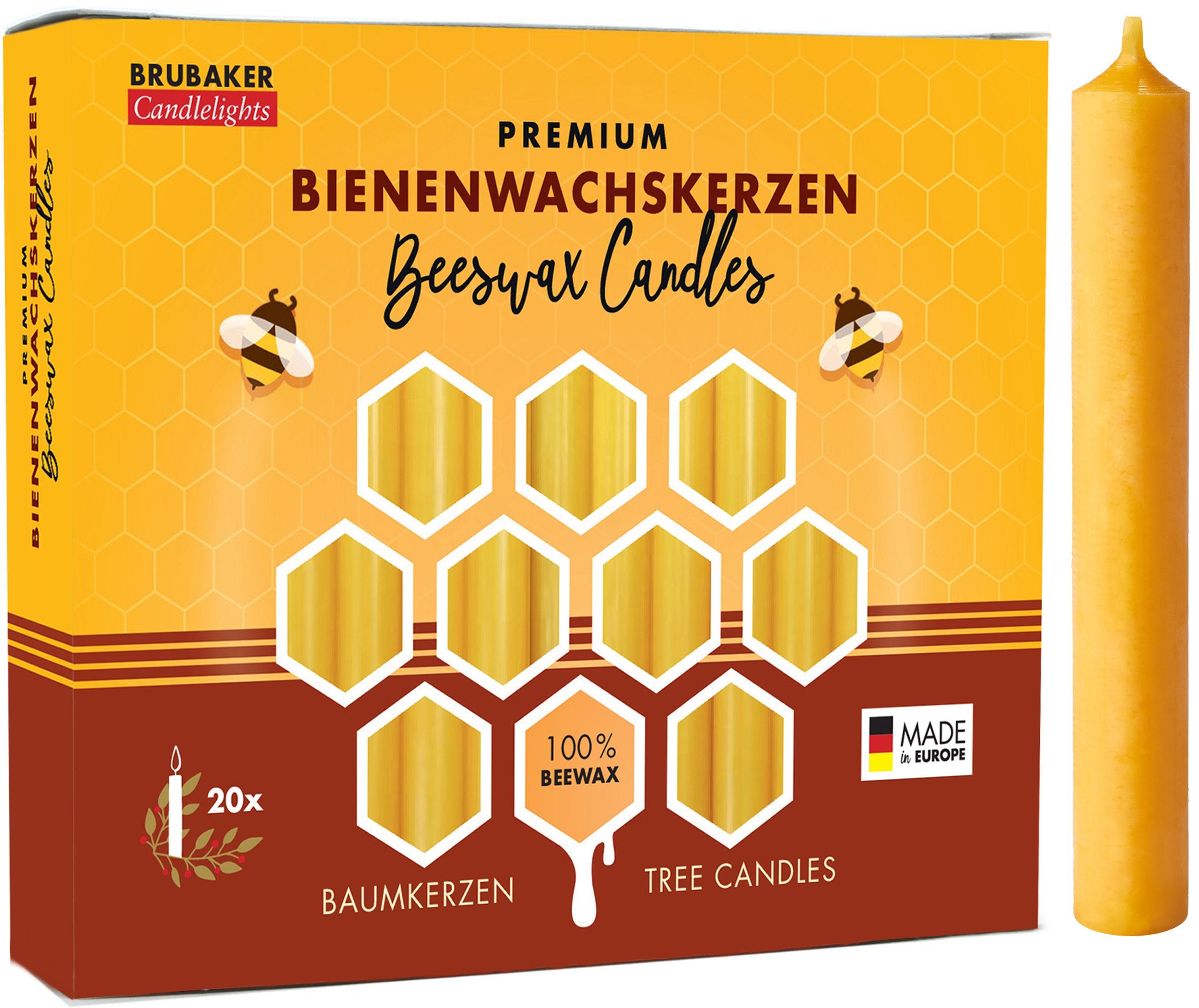 BRUBAKER Bienenwachskerze Honig-gelbe Baumkerzen aus echtem Bienenwachs (rauchfreie Weihnachtskerzen, Pyramidenkerzen mit festlichem Weihnachtsduft, 200-tlg), 10% oder 100% Bienenwachs, Mehrfachpackung Christbaumkerzen