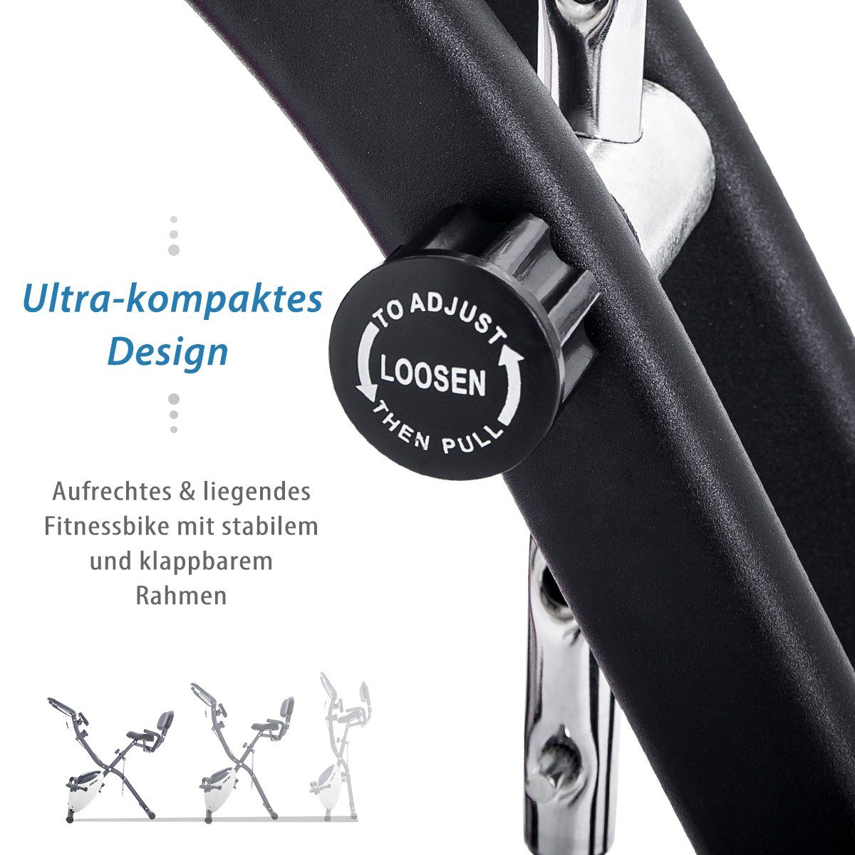 Heimtrainer (magnetische faltbares Fitnessfahrrad), 3-in-1 X-bike mit Expanderbänder, 10 Widerstandsstufen, Max 120 kg