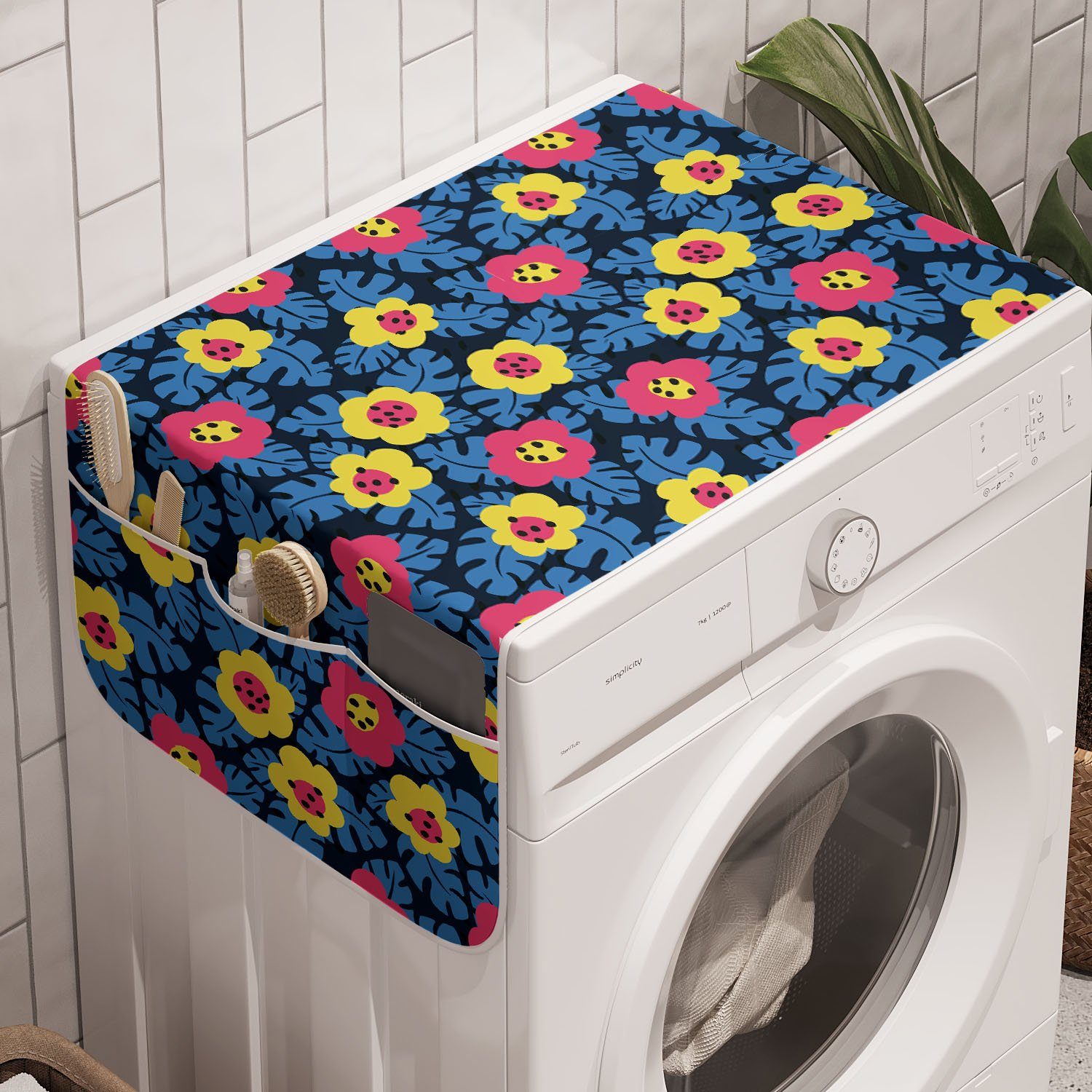 Abakuhaus Badorganizer Anti-Rutsch-Stoffabdeckung für Waschmaschine Blumen Simplistic Drawn Hand und Blume Trockner