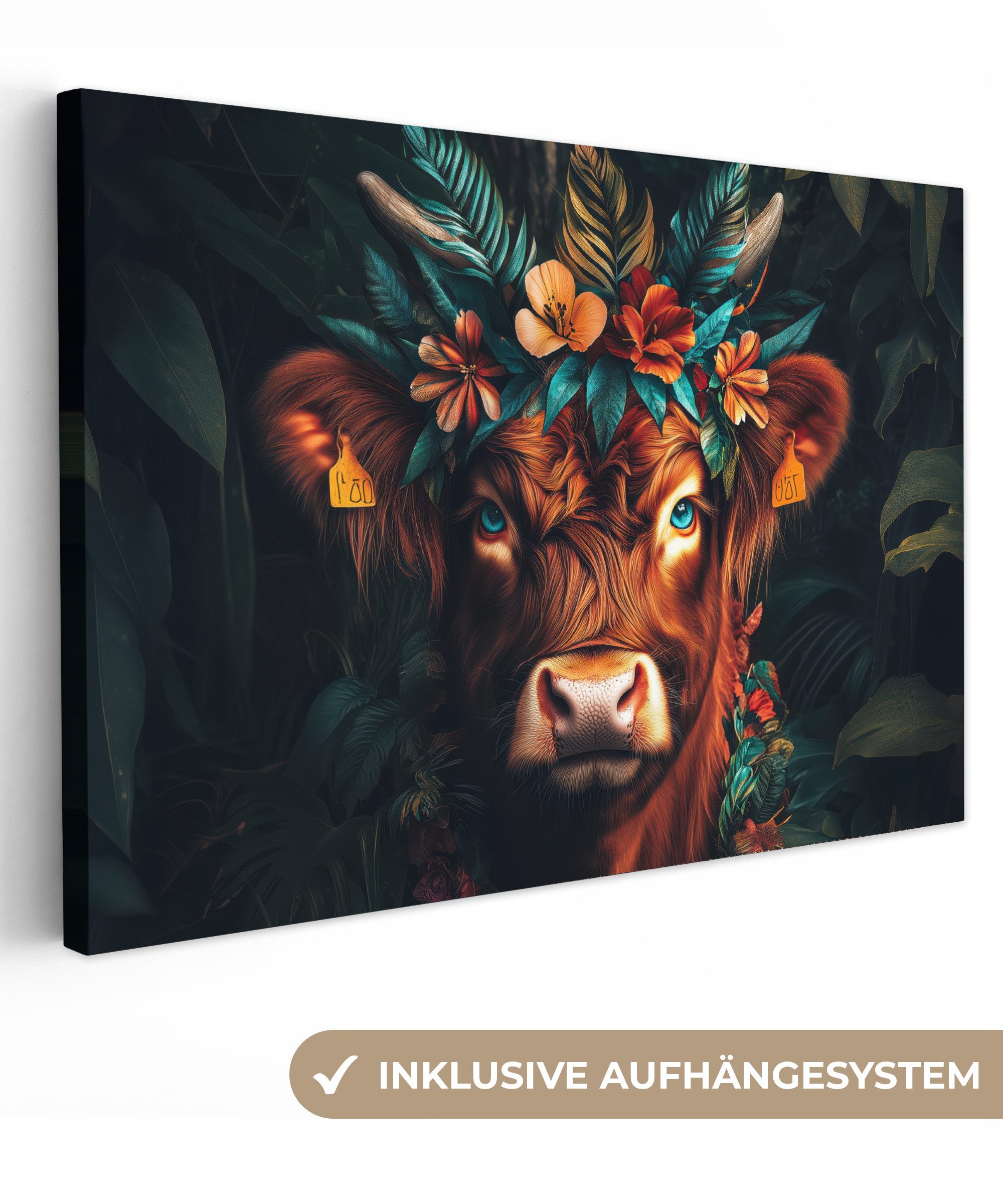 OneMillionCanvasses® Leinwandbild Schottischer Highlander - Blumen - Blätte günstig online kaufen