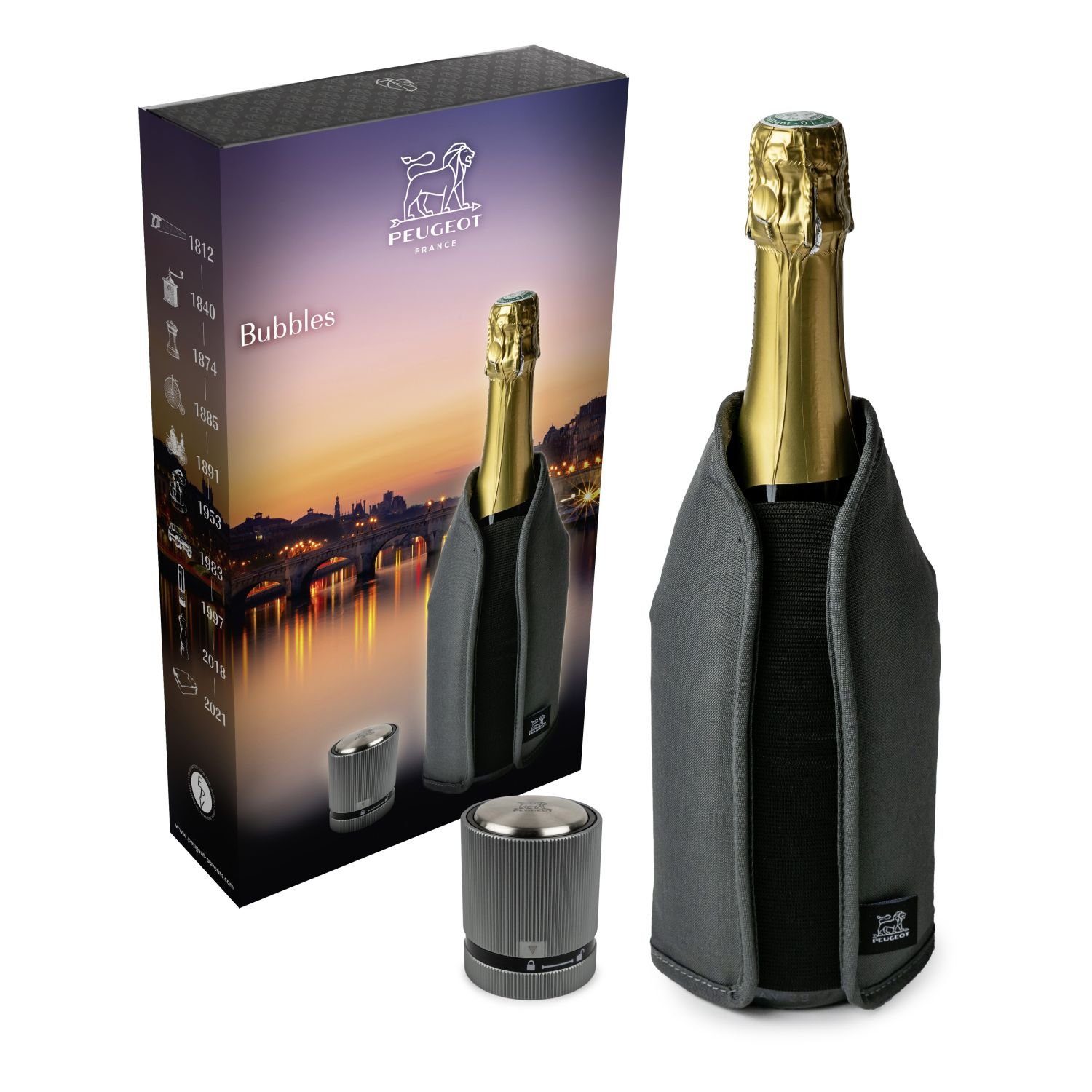 PEUGEOT Flaschenverschluss Geschenkset Bubbles mit Kühlmanschette und Champagnerverschluss