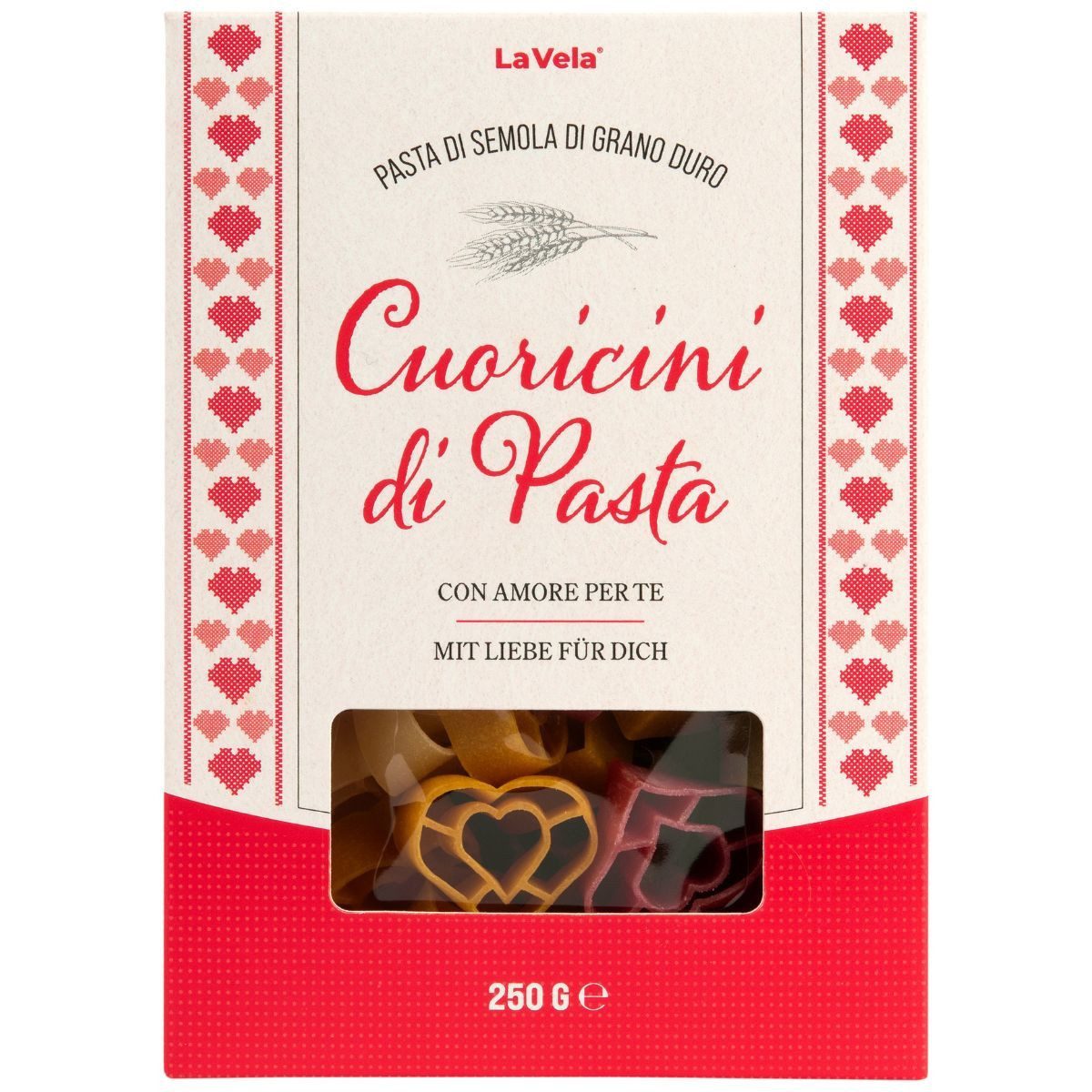 La Vela Nudeln La Vela Cuoricini di Pasta – bunte Nudel-Herzen, 250 g, Geschenkpackung, hergestellt in Italien