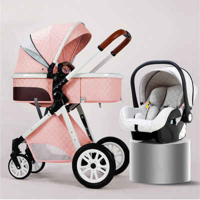 TPFLiving Kombi-Kinderwagen Babyschale Baby Buggy Babywanne Windeltasche, Moskitonetz Regenschutz Kinderwagen 3 in 1 inkl. Zubehörset Rosa