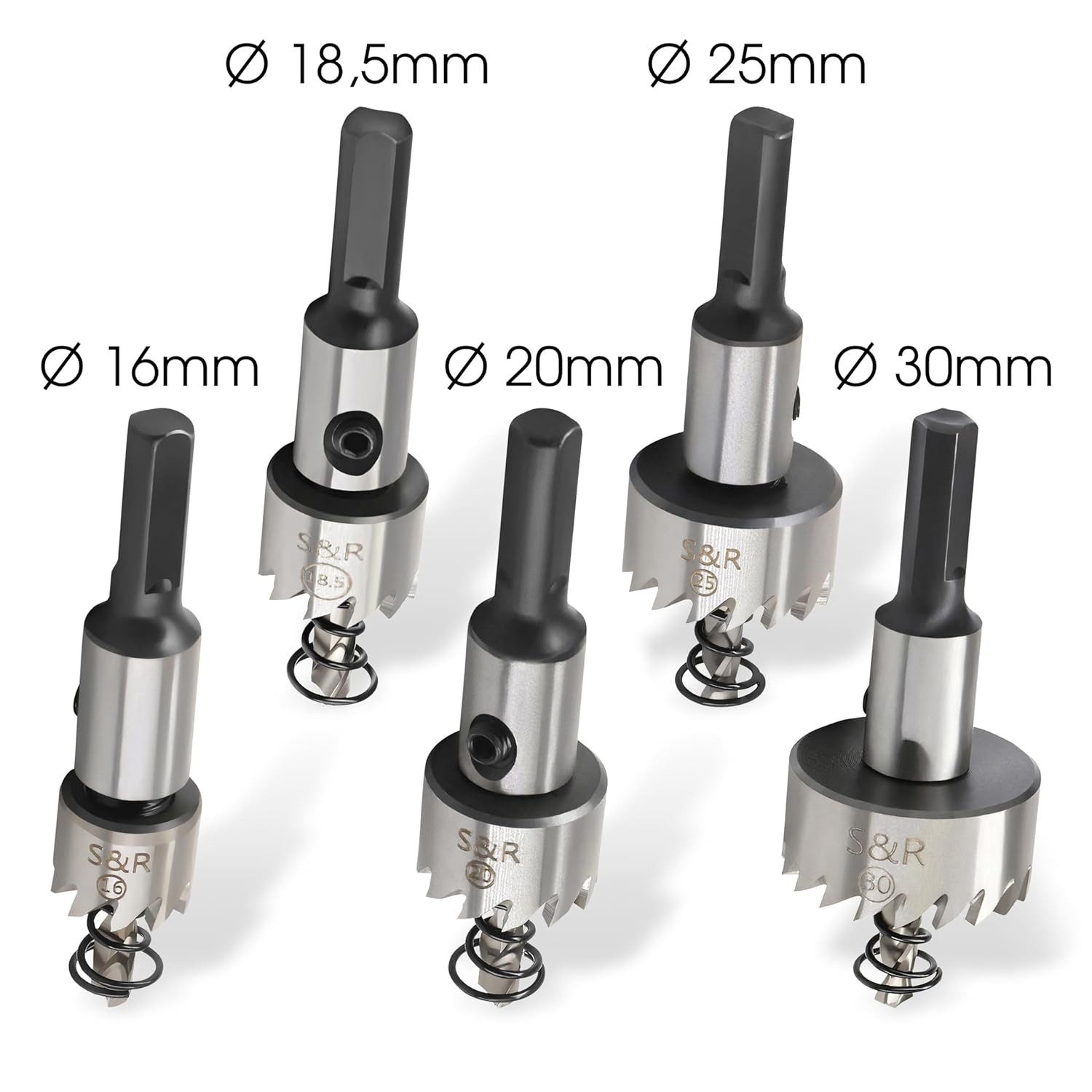 S&R Lochsäge HSS COBALT Stahl, 5% Kobalt-legiert, M35, HRC 64-66, Combo-Verzahnung, Set, 5-tlg., 5 teilig: 16 / 18,5 / 20 / 25 / 30 mm, Lochsägen-Satz für Metalle, Stahl, Edelstahl, Aluminium, Kunststoffe