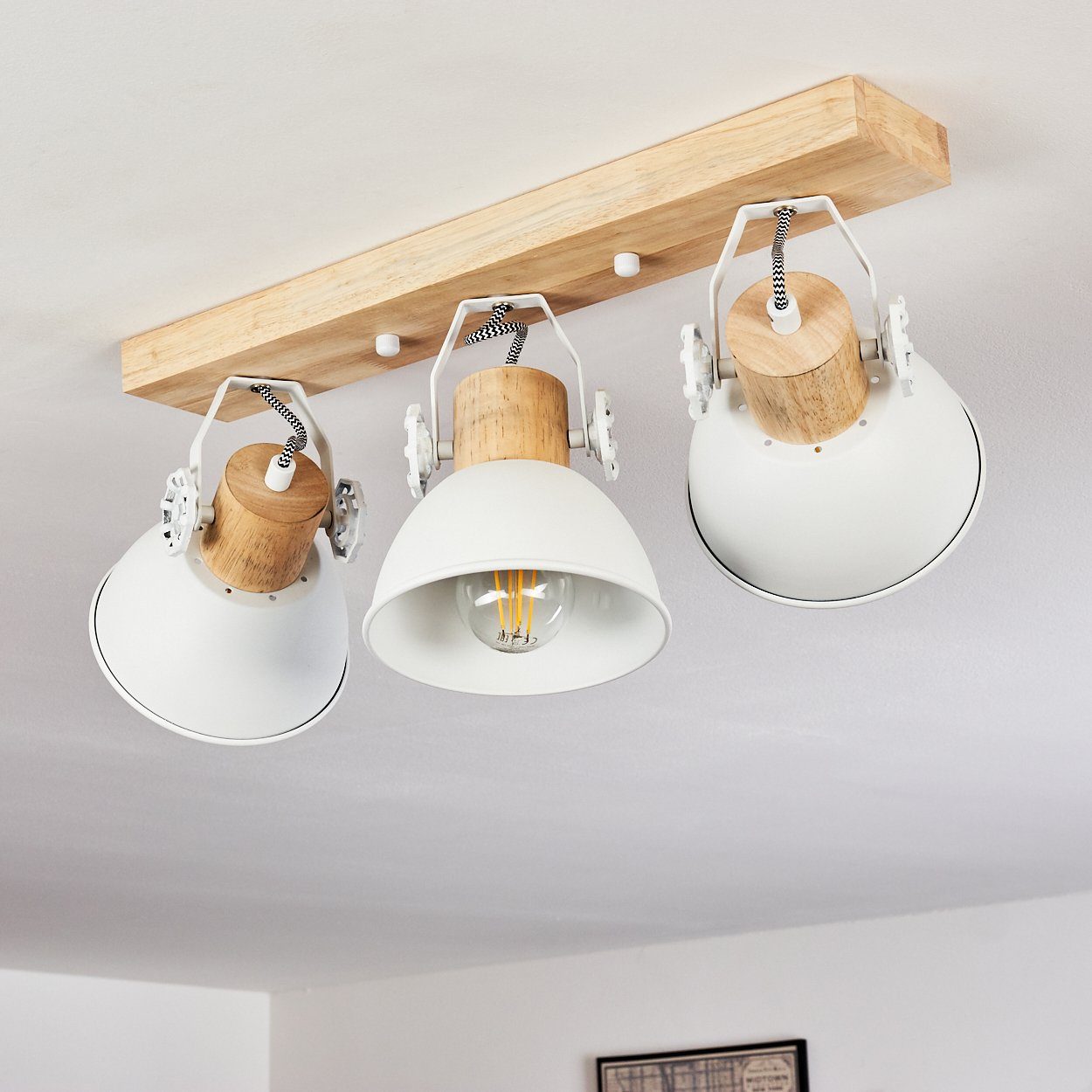 hofstein Deckenleuchte »Cotes« Design, moderne verstellbaren in Deckenlampe 3xE27 aus Metall/Holz ohne Schirmen, Weiß/Natur, skandinavischen Leuchtmittel, Leuchte im