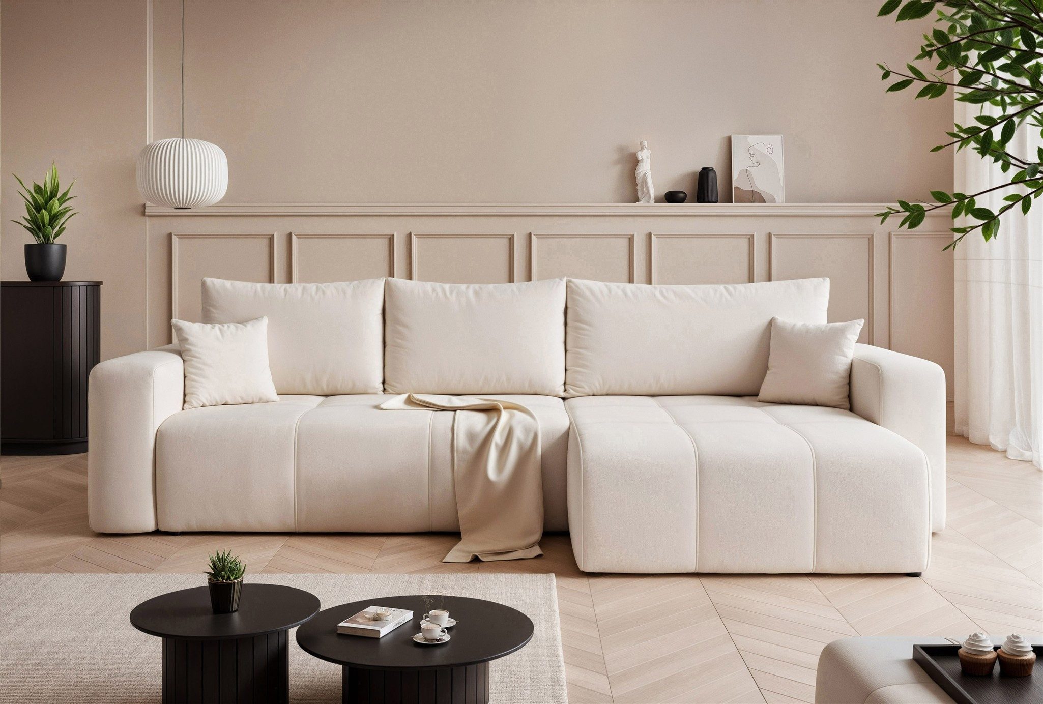 Fun Möbel Ecksofa Ecksofa Schlafsofa LEROS mit Ottomane in Stoff Manila, mit Bettkasten, inkl. 3 Rückenkissen und 2 Zierkissen