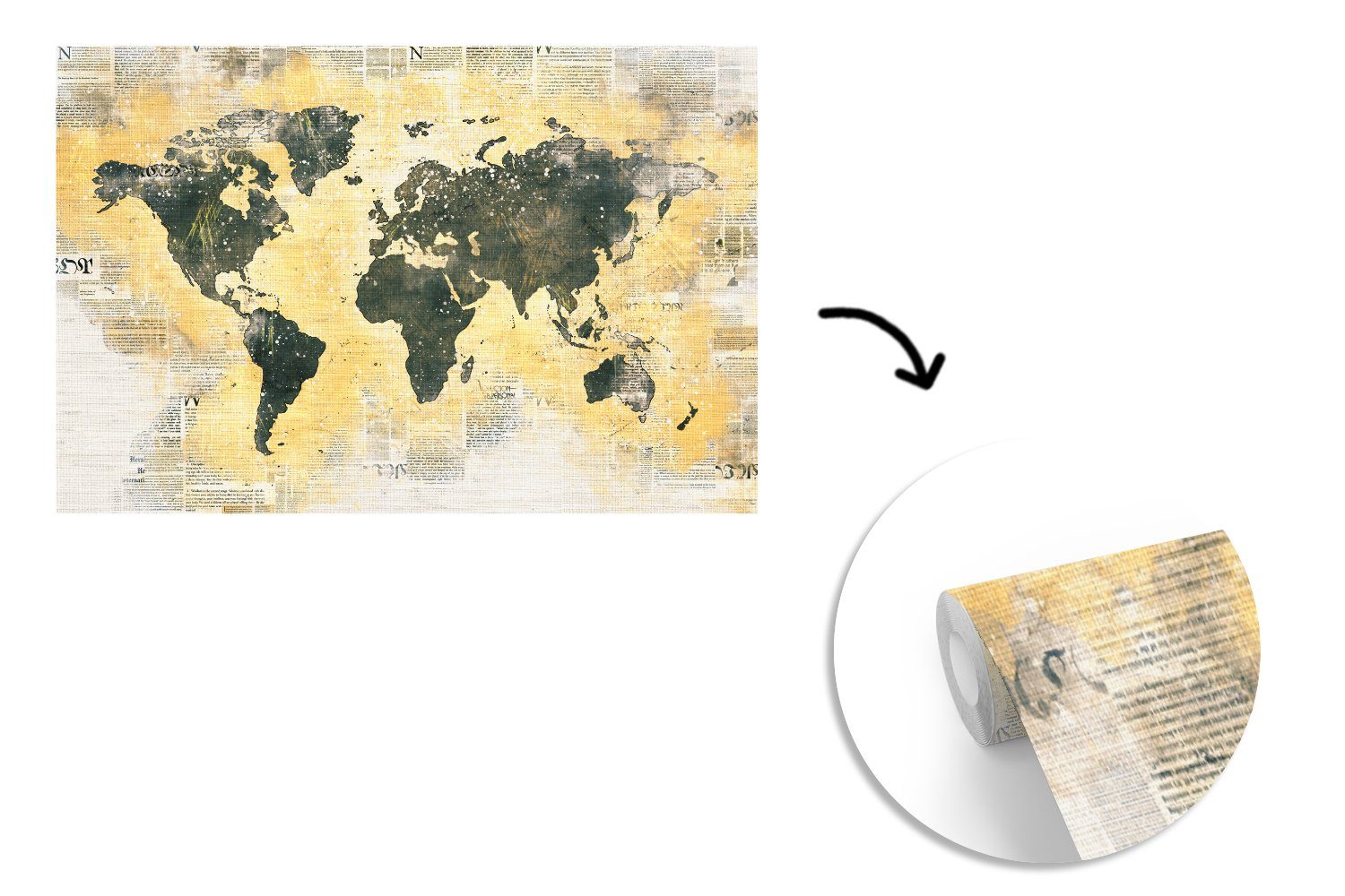 Weltkarte Schlafzimmer, Vinyl Wallpaper Gold MuchoWow (6 Matt, - Zeitung, - für Wohnzimmer, Fototapete St), Tapete bedruckt, Kinderzimmer,