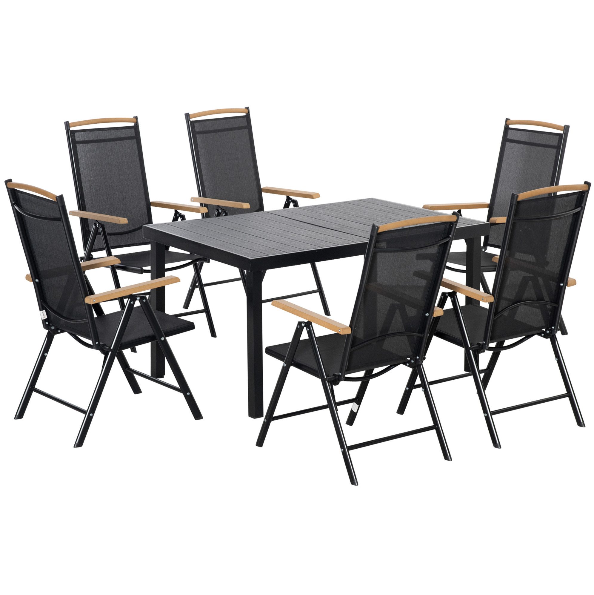 MODFU Sitzgruppe Klappbares 6-Sitzer Gartenmöbel Set in Schwarz, Aluminiumgestell, (Tisch 140x90x74 cm; Stuhl 55,5x68x109 cm, 7-tlg., 1 Tisch + 6 Stühle – leicht & robust), Perfekt für Balkon, Pool & Partys