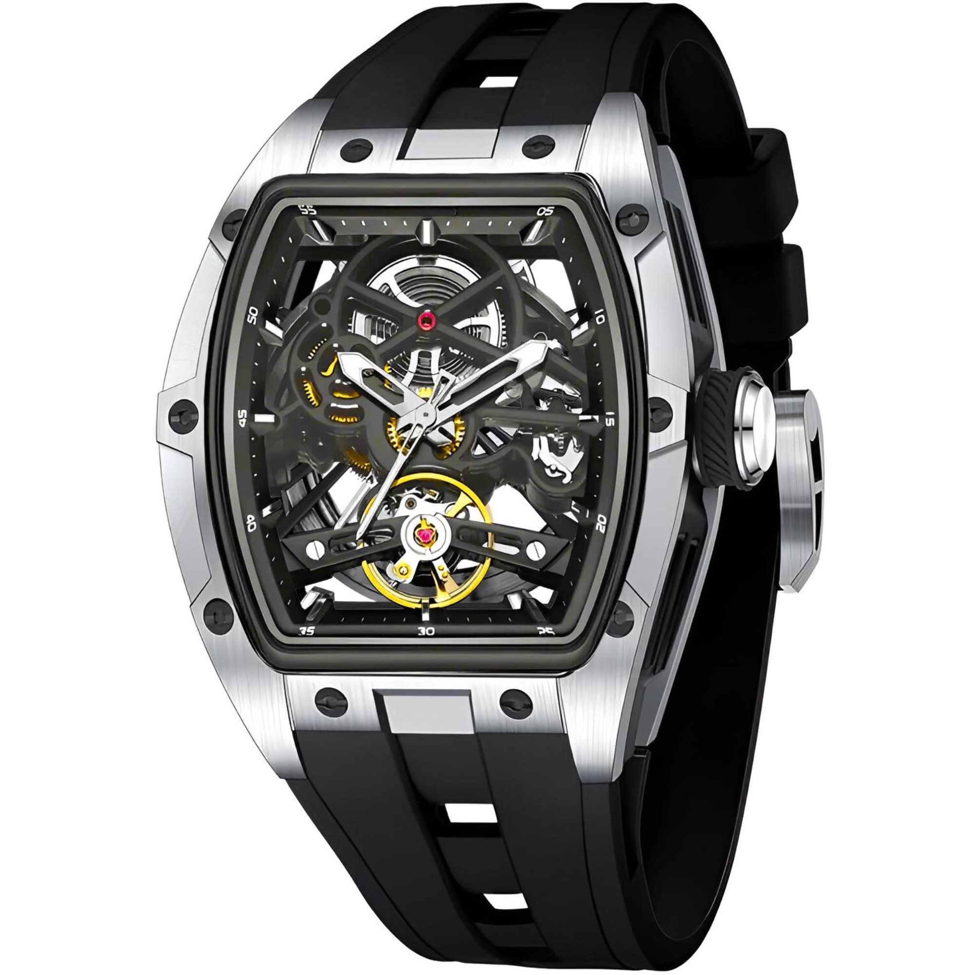 Automatikuhr Armbanduhr Herren Uhr Edelstahl Silikon Skelett Skelleton