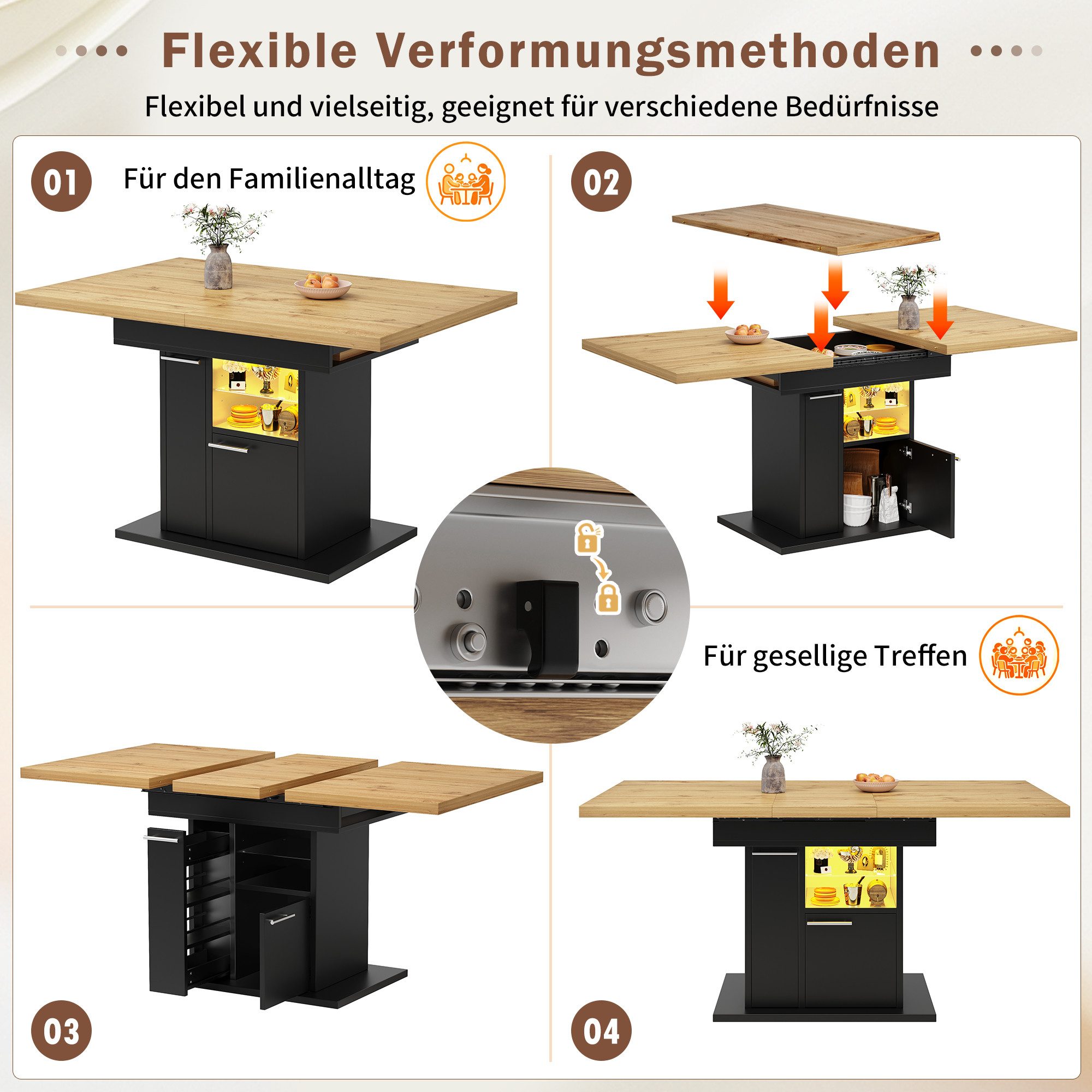 i@home Esstisch Ausziehbarer LED-Tische mit Stauraum (Küchentisch Esszimmertisch für 4-6 Personen, 1-St., Teleskoptisch mit Glasregalen), Küchentische 3-stufige – Bild 3 von 5