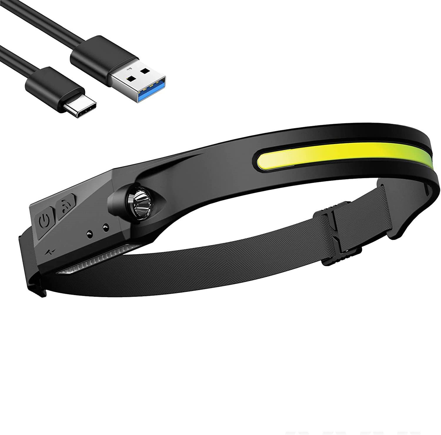 Olotos Stirnlampe LED COB XPE Kopflampe Scheinwerfer USB Wiederaufladbar mit Sensor, 5 Modi 1200mAh 230°Ultra Weitwinkel Licht IPX4 Wasserdicht