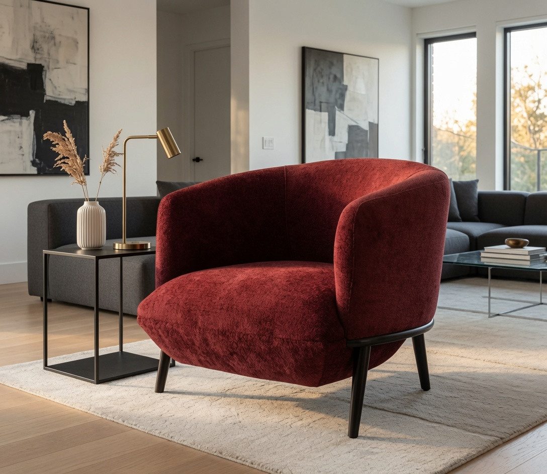 JVmoebel Loungesessel Eleganter Sessel in Weinrot mit stabilen Holzbeinen (1-St), Made in Europa