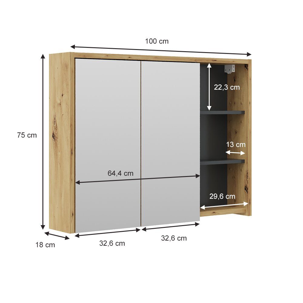 Vicco Badezimmerspiegelschrank Viola, Eiche/Anthrazit/Anthrazit, 100 x 75 cm (1-St)