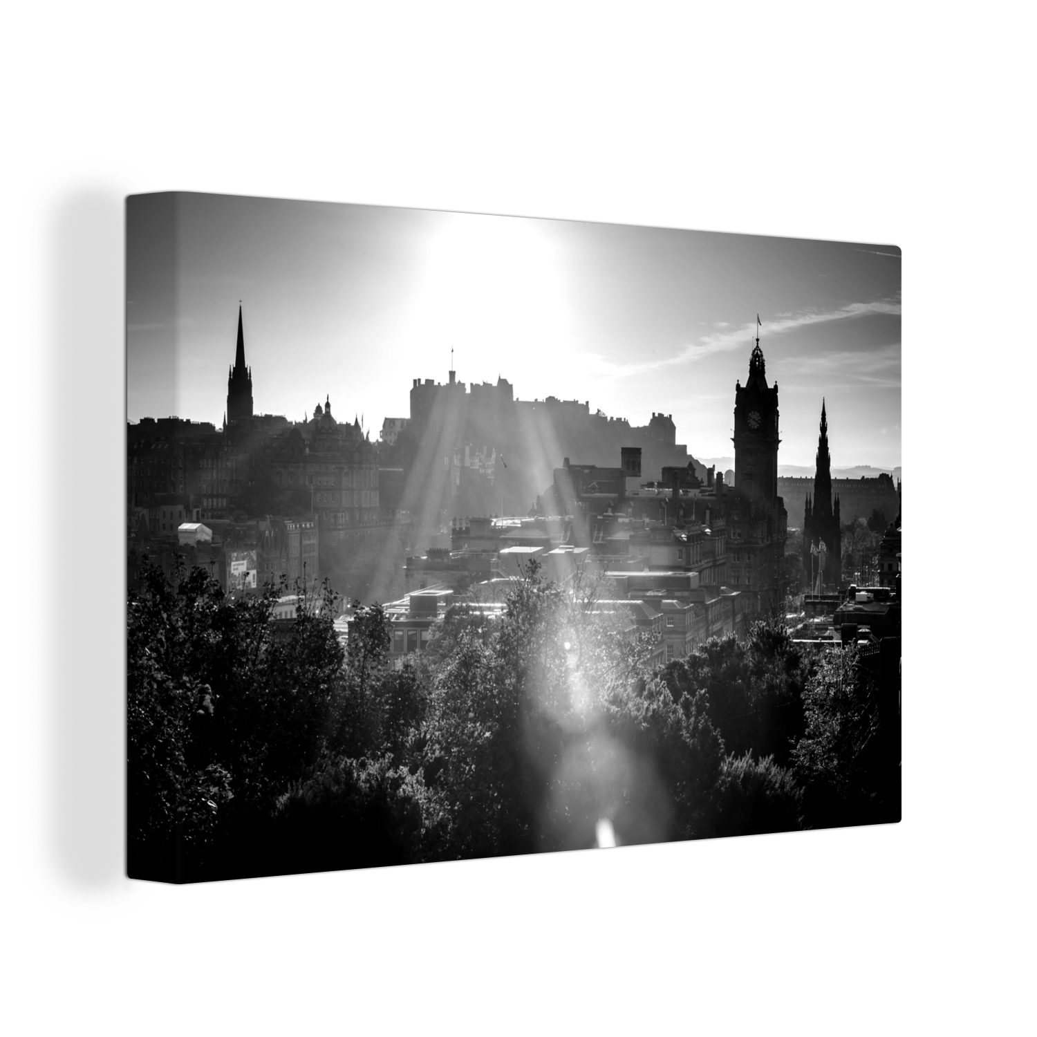 OneMillionCanvasses® Leinwandbild Das schottische Edinburgh bei Sonnenuntergang - schwarz-weiß, (1 St), Wandbild Leinwandbilder, Aufhängefertig, Wanddeko, 30x20 cm