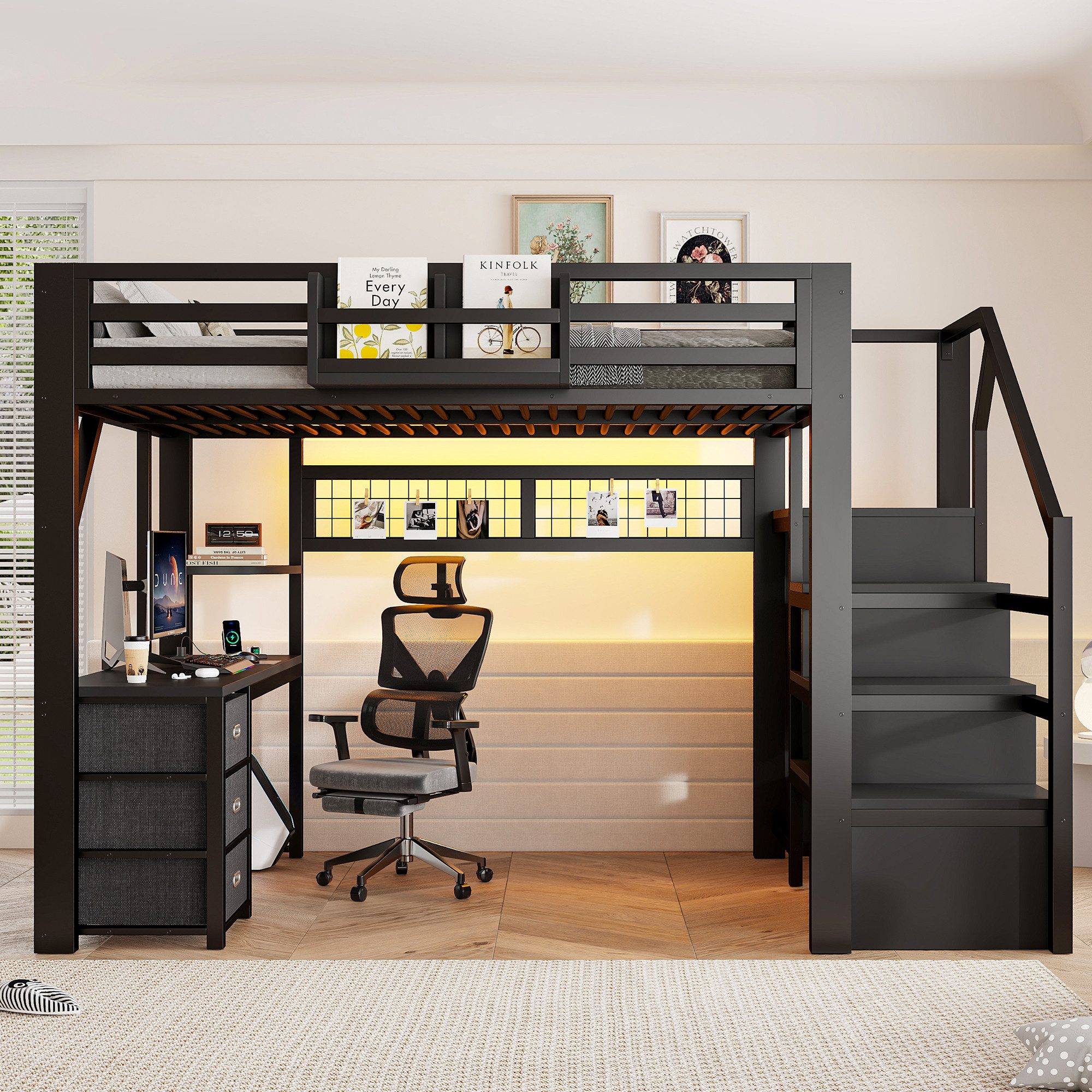 STILVORA Jugendbett 140×200 mit Stauraum Funktionbett Metallbett, ohne Matratze (Hochbett mit Schreibtisch, Treppe, Kleiderschrank und Regal, Holz, LED, Ladestation, 3 Stoffschubladen, Lochwand, Stauraum), für Kinderzimmer, Jugendzimmer, Studentenzimmer und kleine Räume