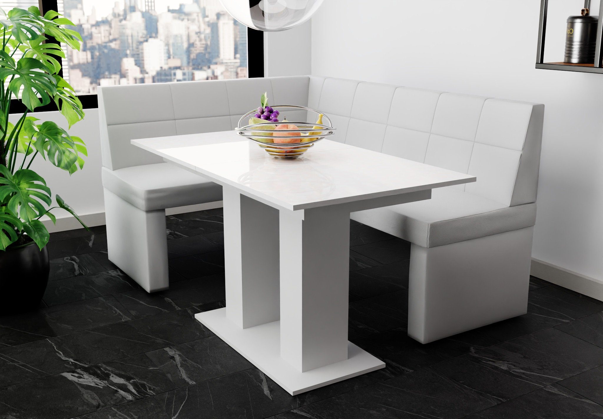 196x142cm Eckbankgruppe ausziehbarer Eckbankgruppe mit Fun „BLAKE Weiß Möbel Tisch Tisch Größe Hochglanz, XL“