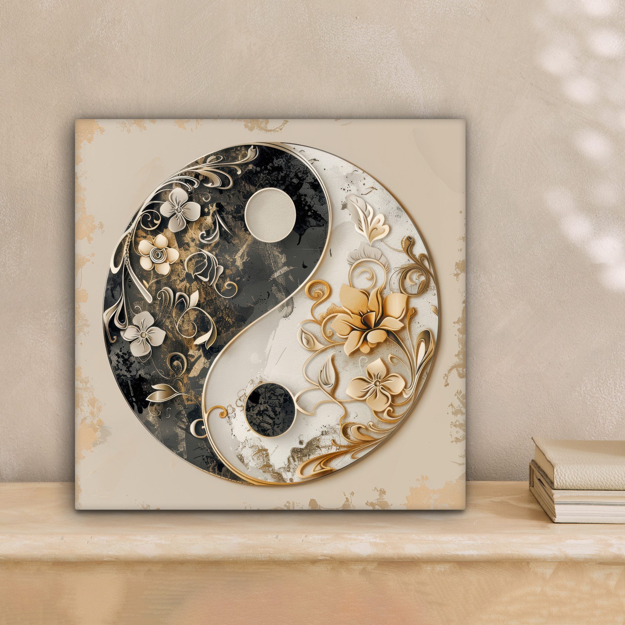 OneMillionCanvasses® Leinwandbild Yin Yang - Blumen - Schwarz - Weiß - Vint günstig online kaufen