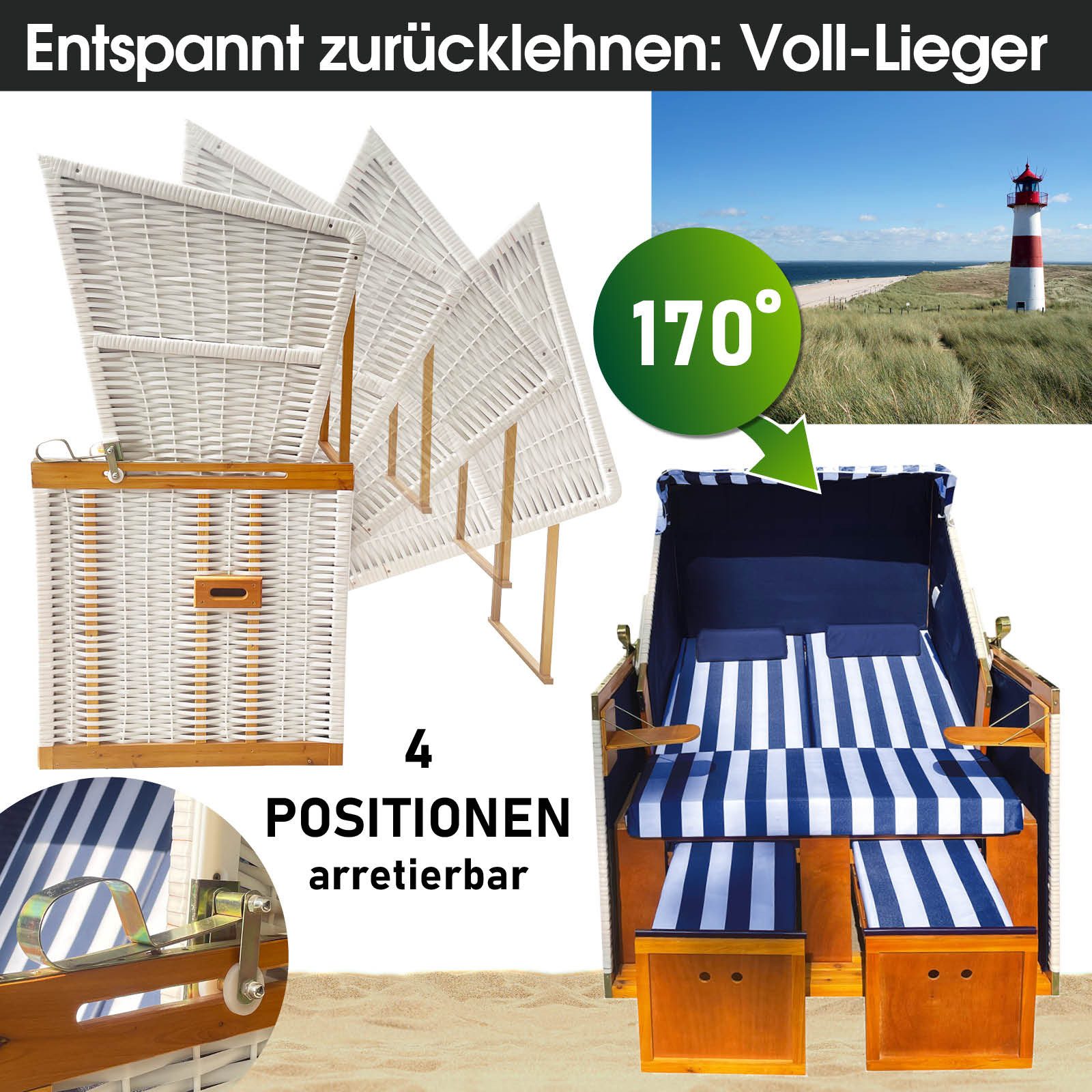 BRAST Strandkorb für 2 Personen, 120cm breit, 4 Designs, BxTxH: 120x79x150 cm, Volllieger, Norderney Deluxe, (verstellbare Rückenlehne weiches Fußkissen) – Bild 4 von 5
