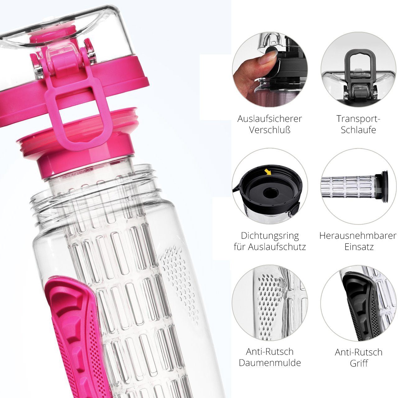 LA VAGUE Trinkflasche VITALITY Trinkflasche mit Einsatz, Trinkflasche mit Früchtesieb für perfekt aromatisierte Getränke