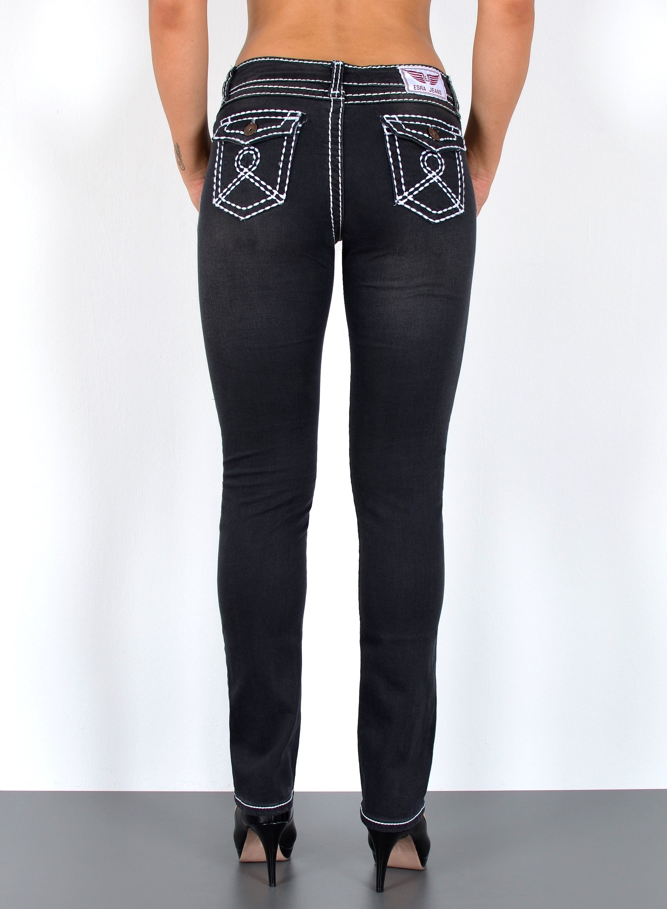 ESRA Straight-Jeans Straight Jeans Damen Jeans Hose weiße Naht Kontrastnaht bis Übergröße High Waist Jeans Damen Hose Stretch mit dicker Naht bis Plus Size