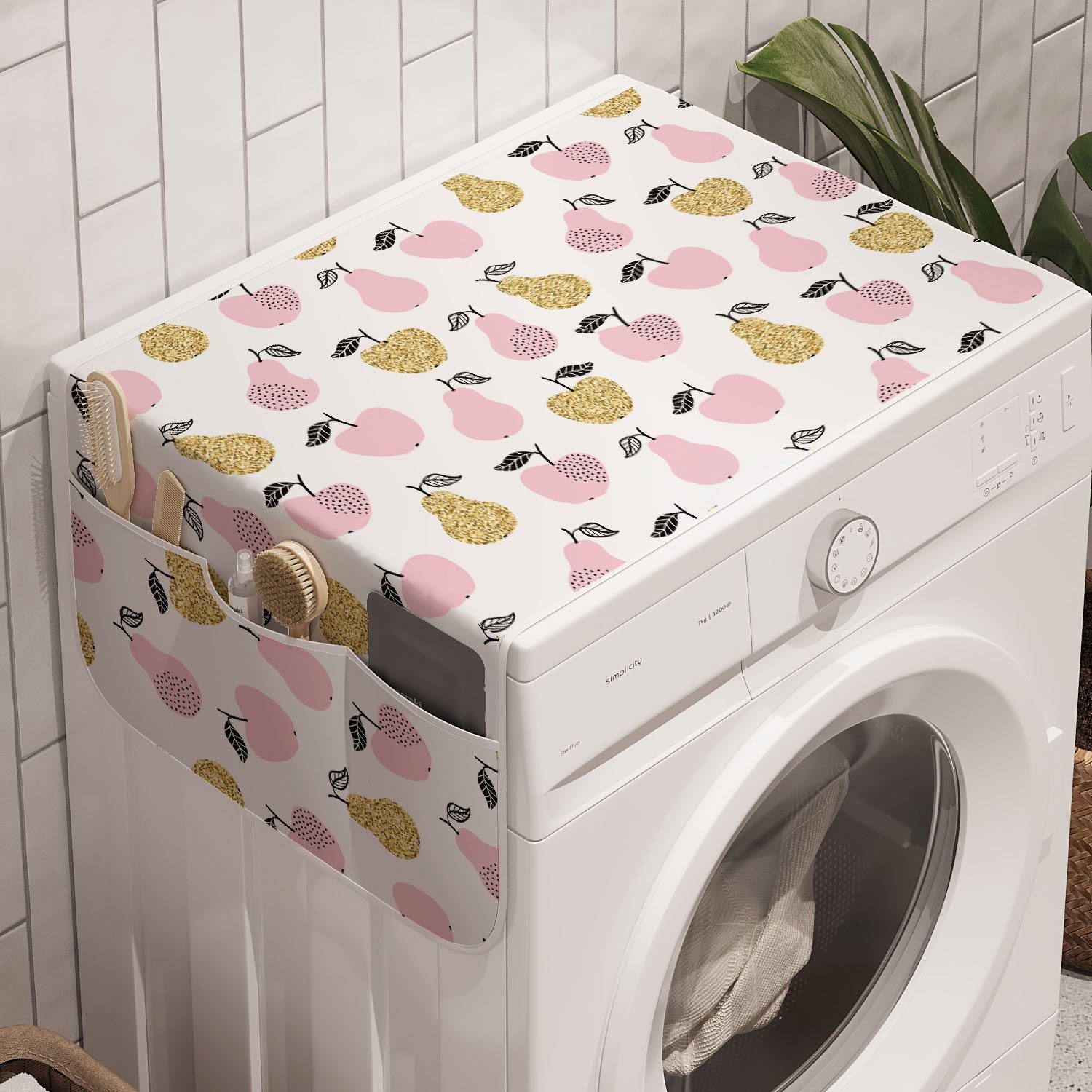 Abakuhaus Badorganizer Anti-Rutsch-Stoffabdeckung für Waschmaschine und Trockner, Frucht-Kunst Zusammenfassung Birnen und Äpfel