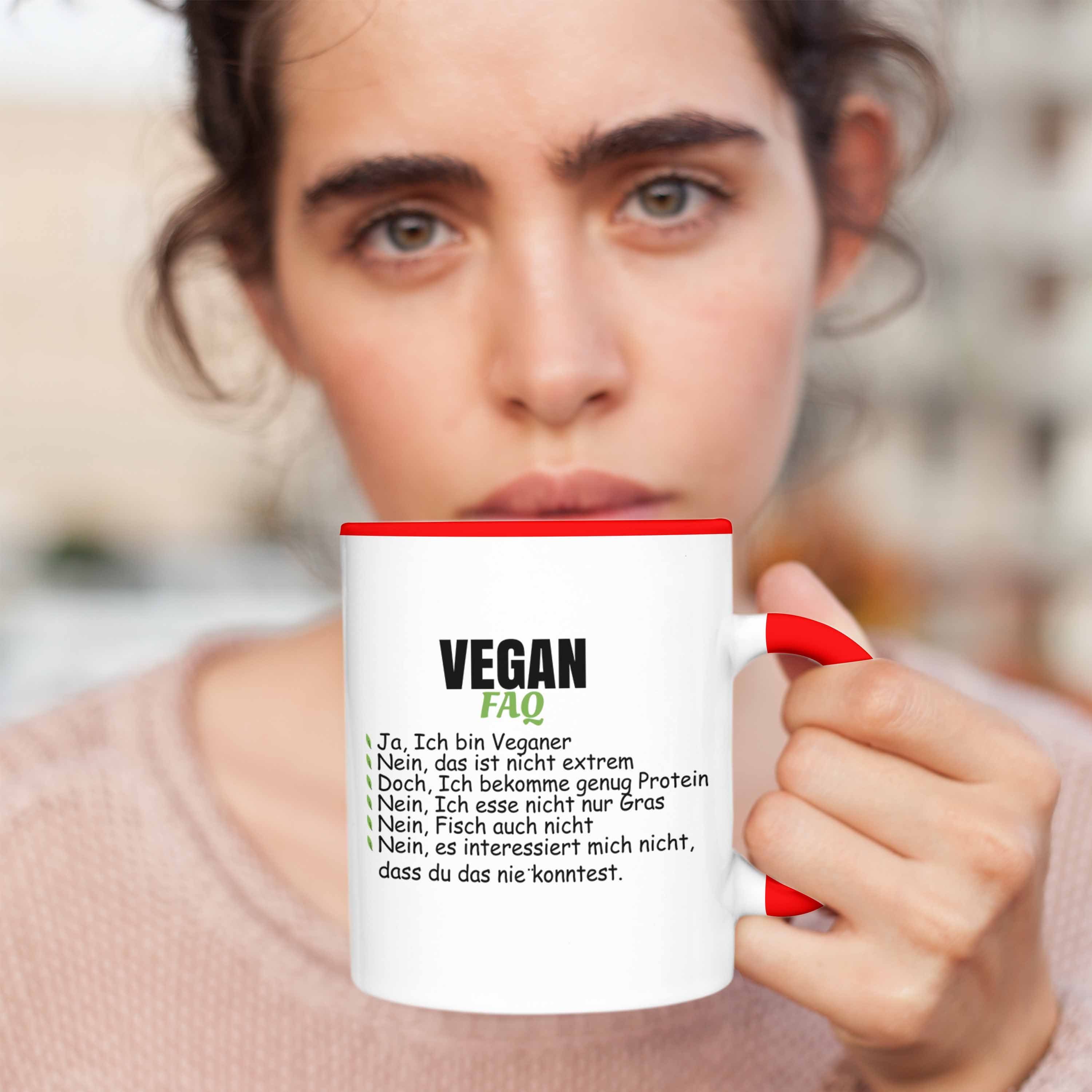 Trendation Tasse Trendation - Veganer Tasse Rot Vegan Lebensweise FAQ Geschenkidee Lustiger Geschenk Vegane Spruch Spruch