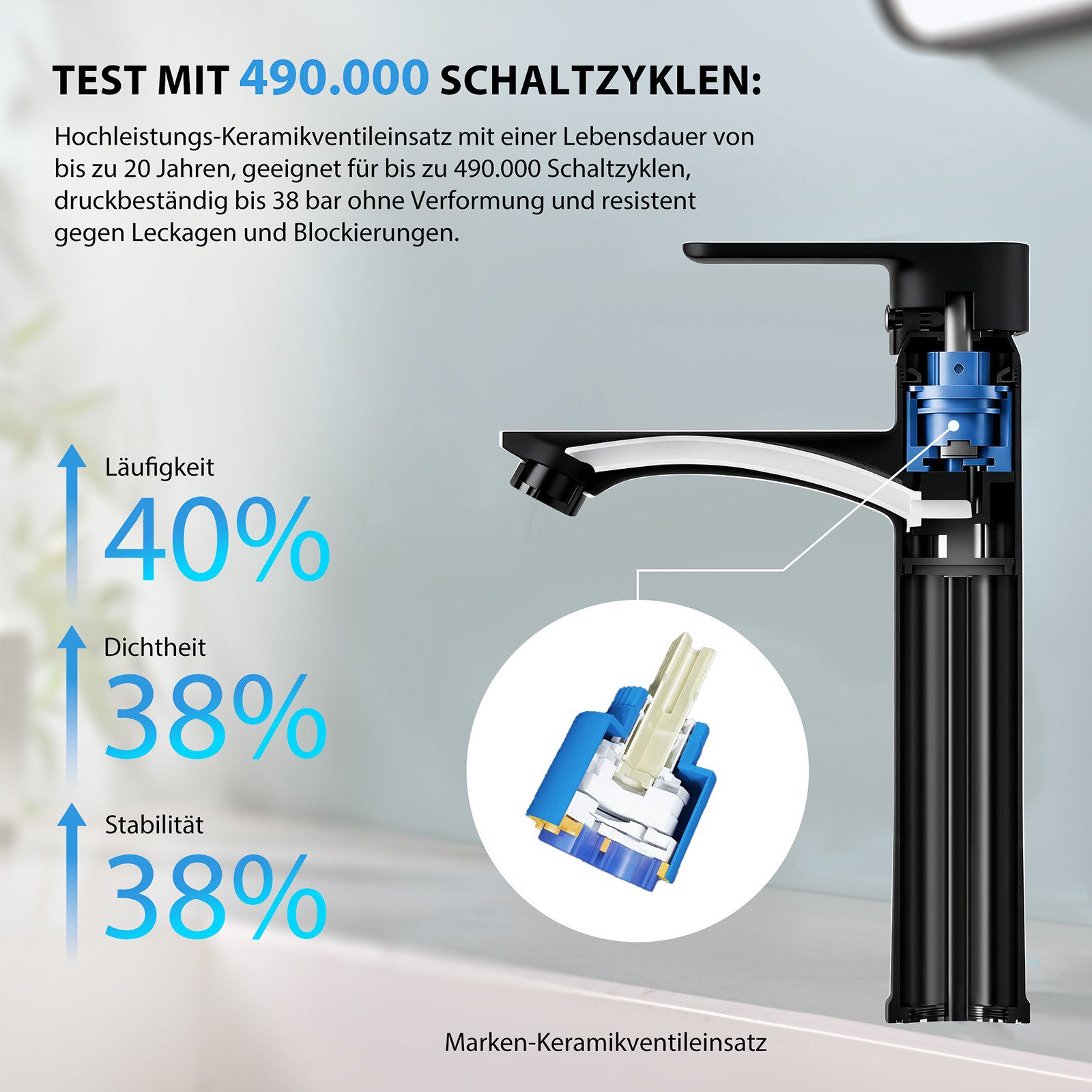 HOMELODY Waschtischarmatur Einhebelmischer Bad Wasserhahn Mischbatterie Armatur Waschbecken Keramikkartusche, Perlator, 3/8 Anschluss, einfache Montage, Schwarz