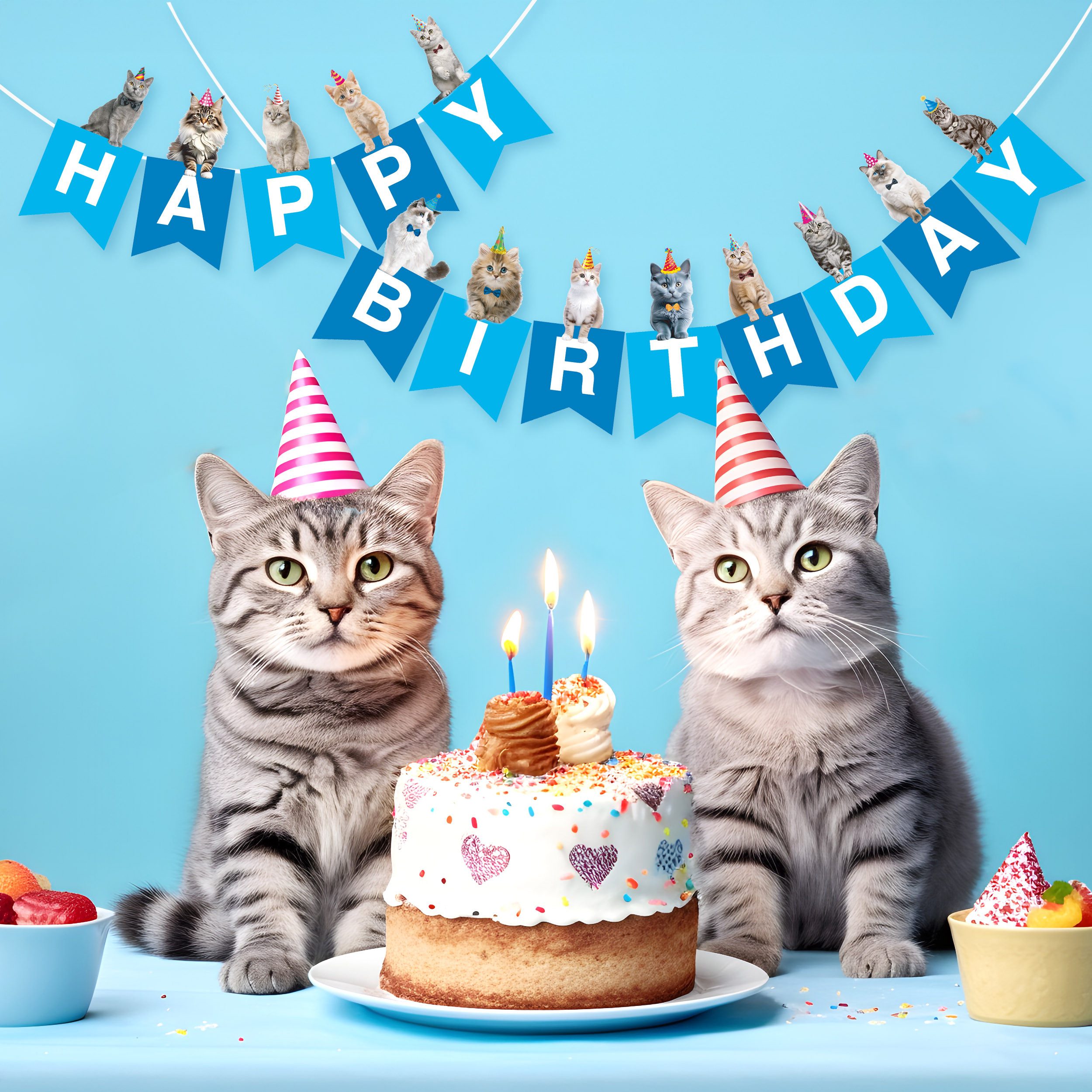 BRUBAKER Wimpelkette Happy Birthday mit Party Katzen - Geburtstag Deko Party Banner, Geburtstagsgirlande für Jungen und Mädchen - Tier Girlande