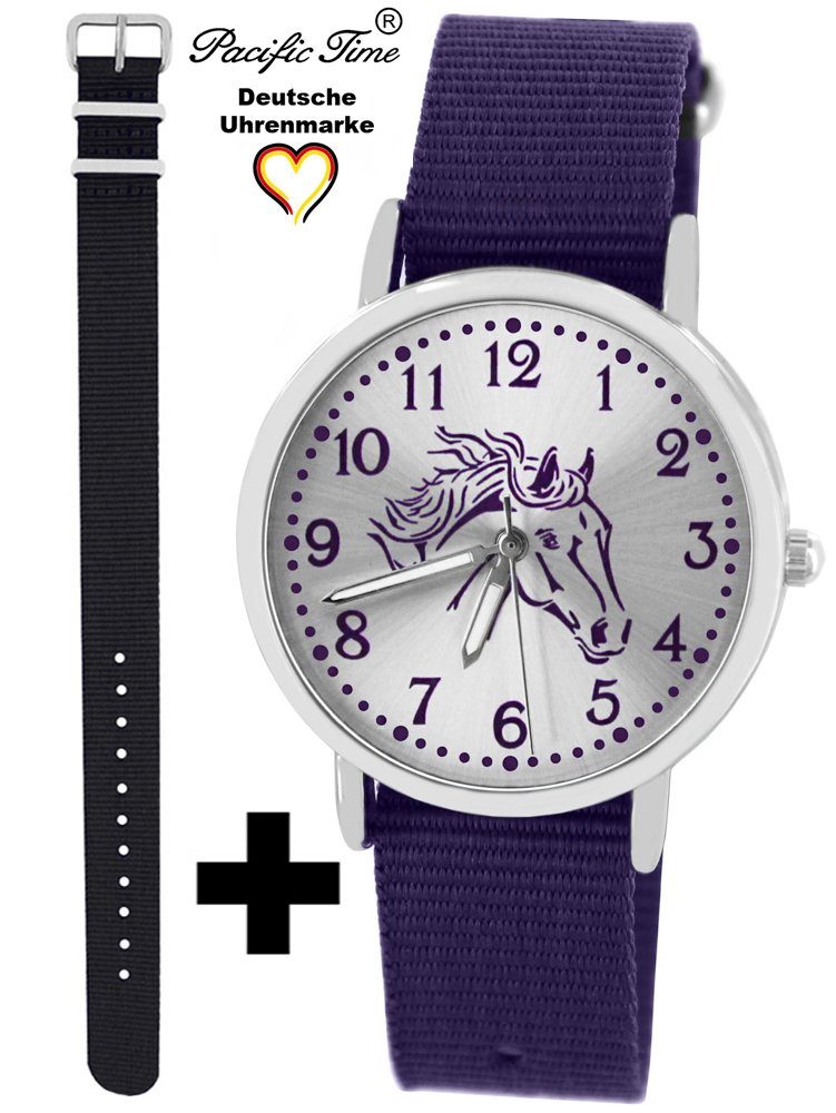 Pacific Time Quarzuhr Set Kinder Armbanduhr Pferd violett Wechselarmband, Mix und Match Design - Gratis Versand schwarz und violett