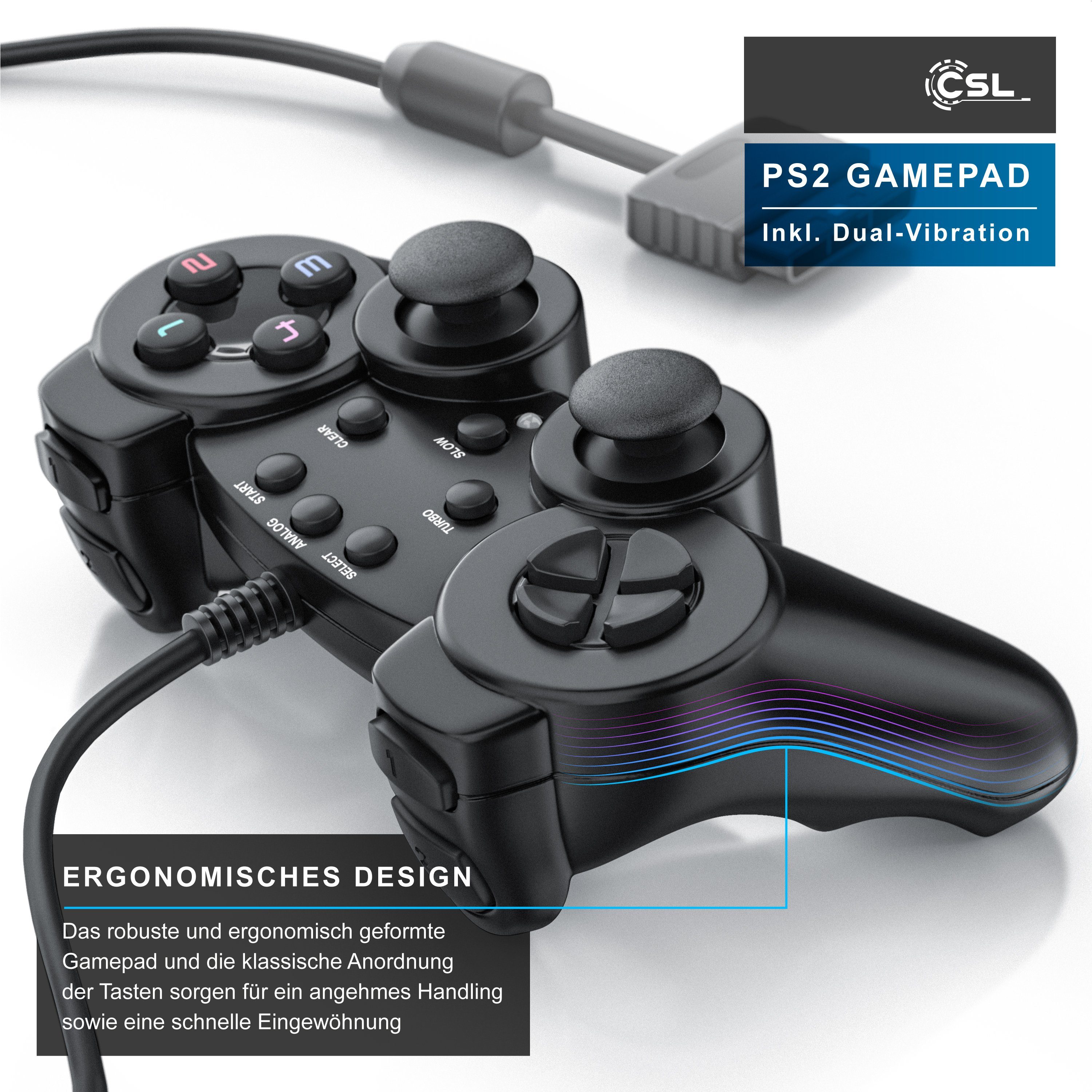 CSL PlayStation-Controller (1 St., PS2 Gamepad mit Dual Vibration (Rumble Effekt), Präzision & Komfort)