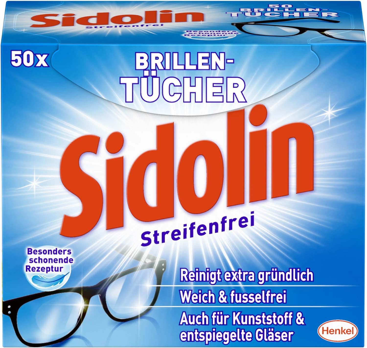 SIDOLIN Streifenfrei Brillenputztücher 50 Stück Reinigungstücher (50-tlg., Extra Soft, für Brillen, Displays, Bildschirme)