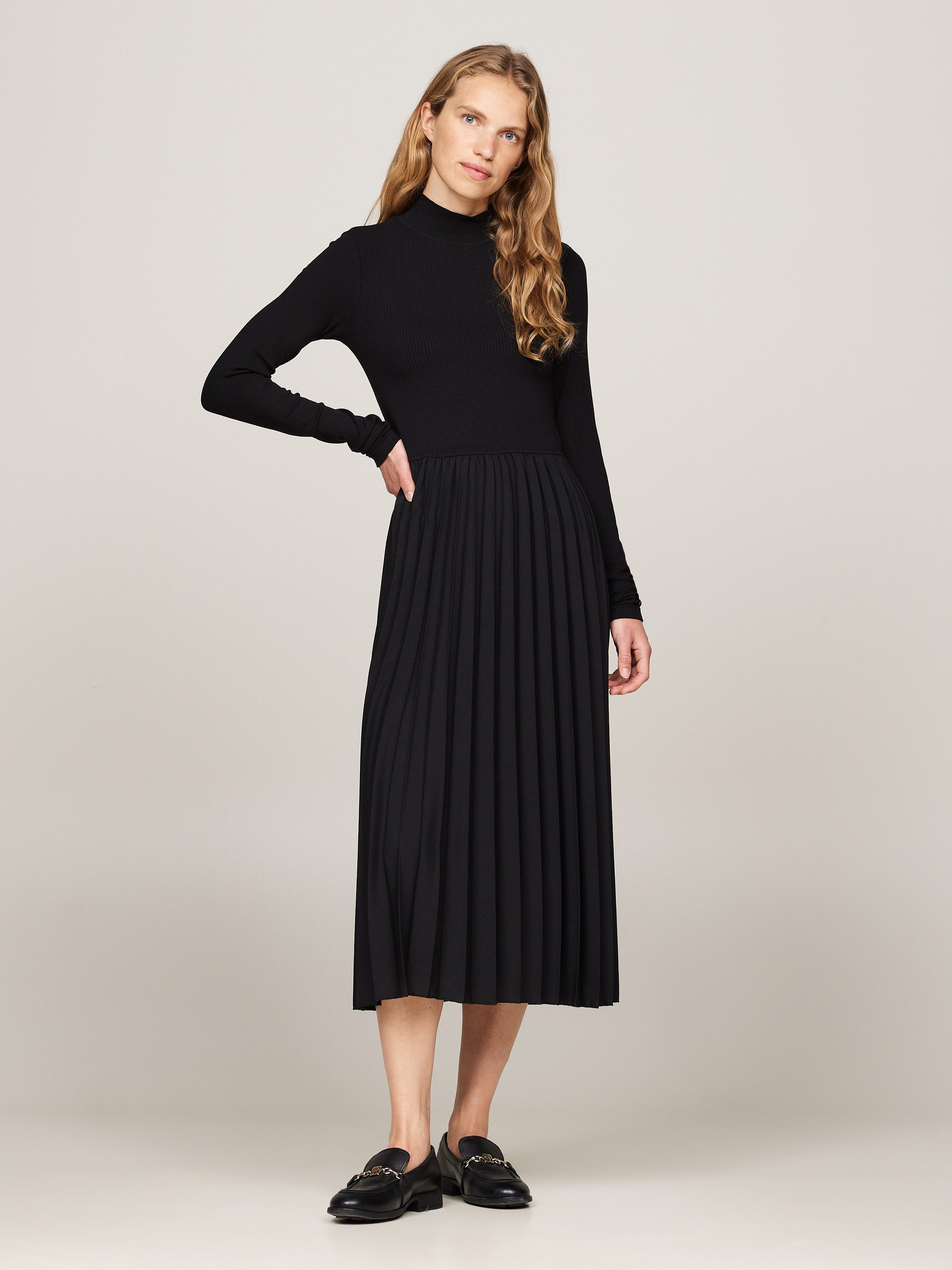 Tommy Hilfiger Blusenkleid RIB MIX F F PLEATED DRESS LS mit Falten Rippoptik
