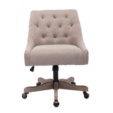 AUKWIK Bürostuhl aus Leinen und Massivholz, ergonomischer Stuhl mit Knopfheftung, Maximale Belastung 113 kg, 360° drehbar, höhenverstellbar