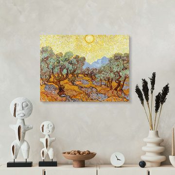 Posterlounge Alu-Dibond-Druck Vincent van Gogh, Olivenbäume mit gelbem Himmel und Sonne, Wohnzimmer Mediterran Malerei
