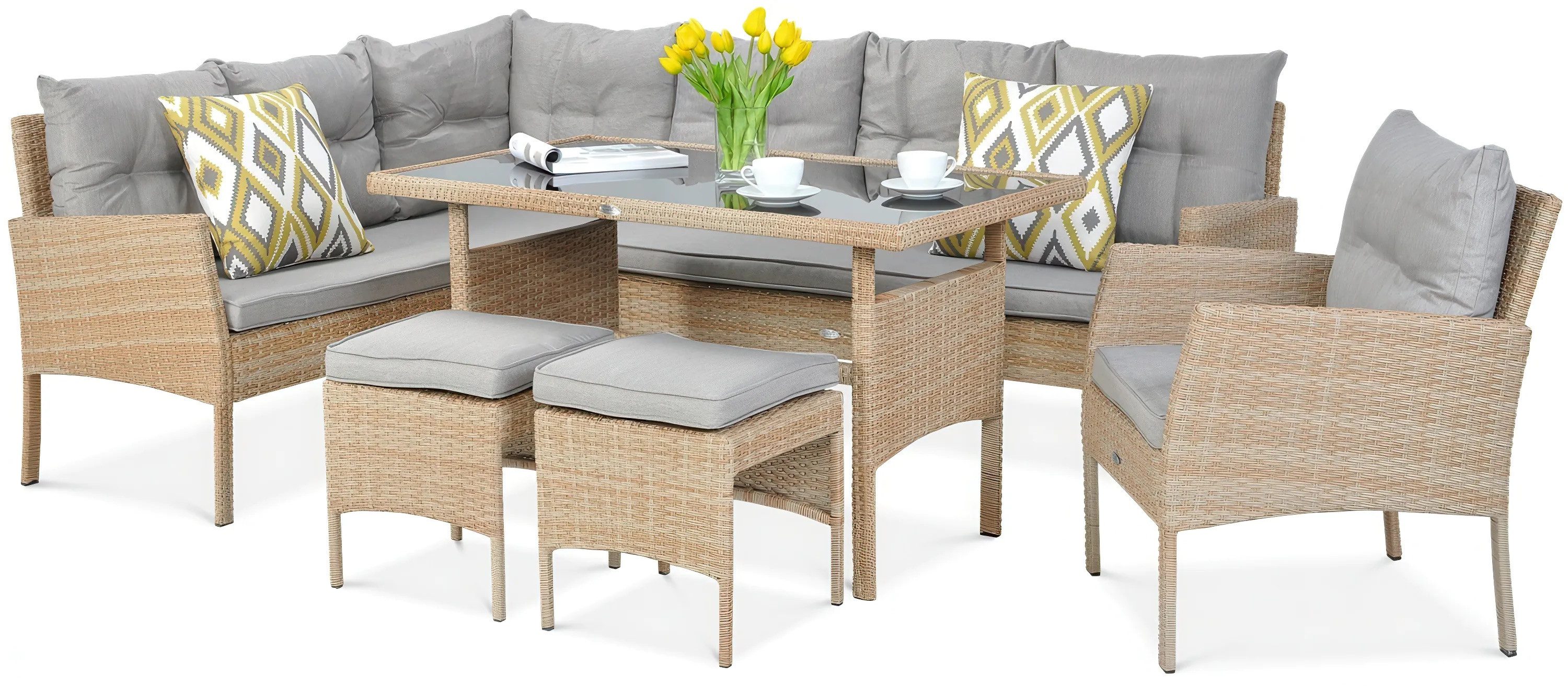 Focus Garden Gartenlounge-Set "CORTINA Sofa" Polyrattan Eckcouch mit Tisch + Hocker + Stuhl, (6-tlg), Witterungsbeständig, für bis zu 8 Personen, Kissen, Gartenmöbel-Set