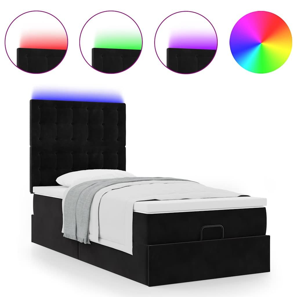 vidaXL Bett Ottoman-Bett mit Matratzen & LEDs Schwarz 90x200 cm Samt
