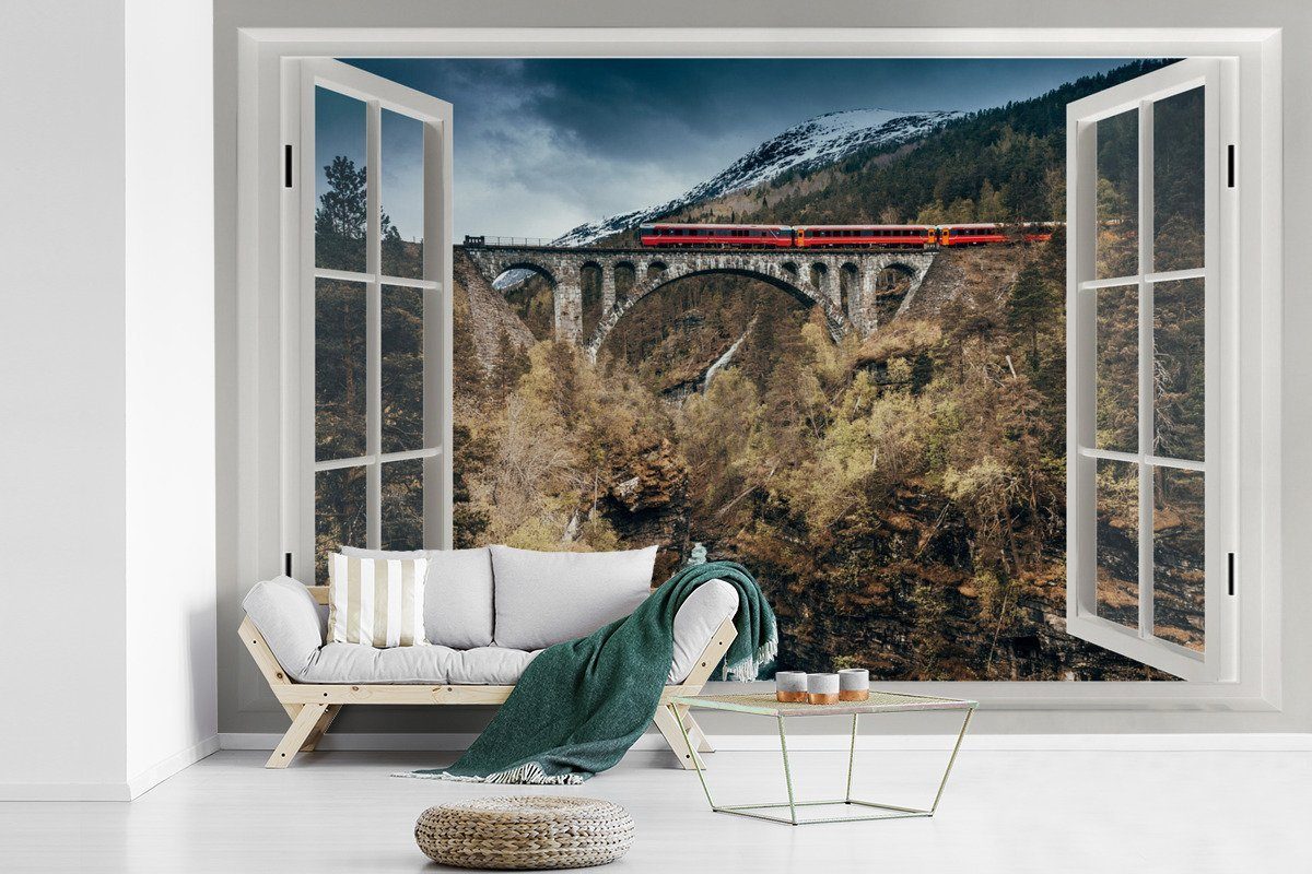 MuchoWow Fototapete Aussicht - Berge - Brücke, Matt, bedruckt, (6 St), Wallpaper für Wohnzimmer, Schlafzimmer, Kinderzimmer, Vinyl Tapete