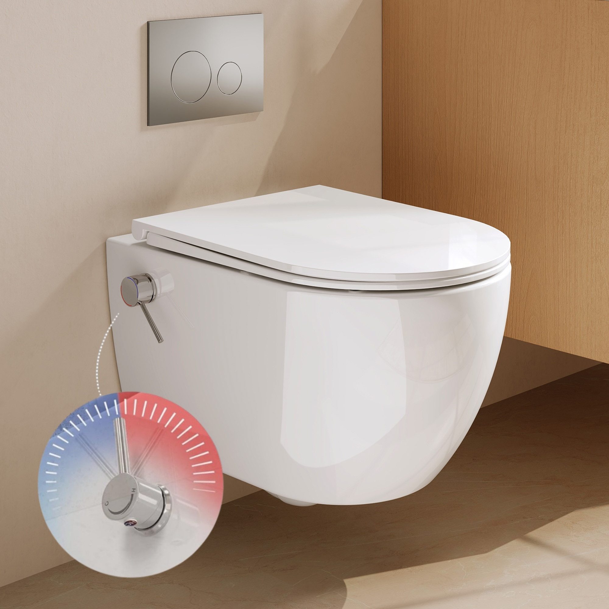 DeerValley Dusch-WC Kalt-Warm Wasser, Hänge WC Spülrandlos mit Bidet-Düse, Wandmontage, Abgang waagerecht, Wassersparend, Geräuscharm, Bidetfunktion ohne Strom, spülrandlos, Soft-Close-Sitz