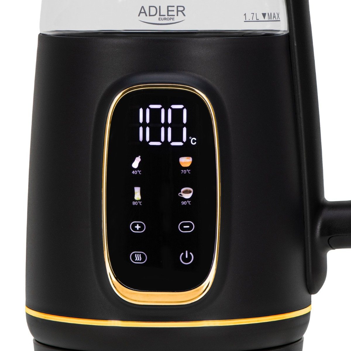 Adler Wasserkocher AD 1305 BG 2200 W - 5 Temperatureinstellungen, 360°-Sockel, 1,7 l, 2200 W, Warmhaltefunktion, Glas-Design mit LED-Beleuchtung