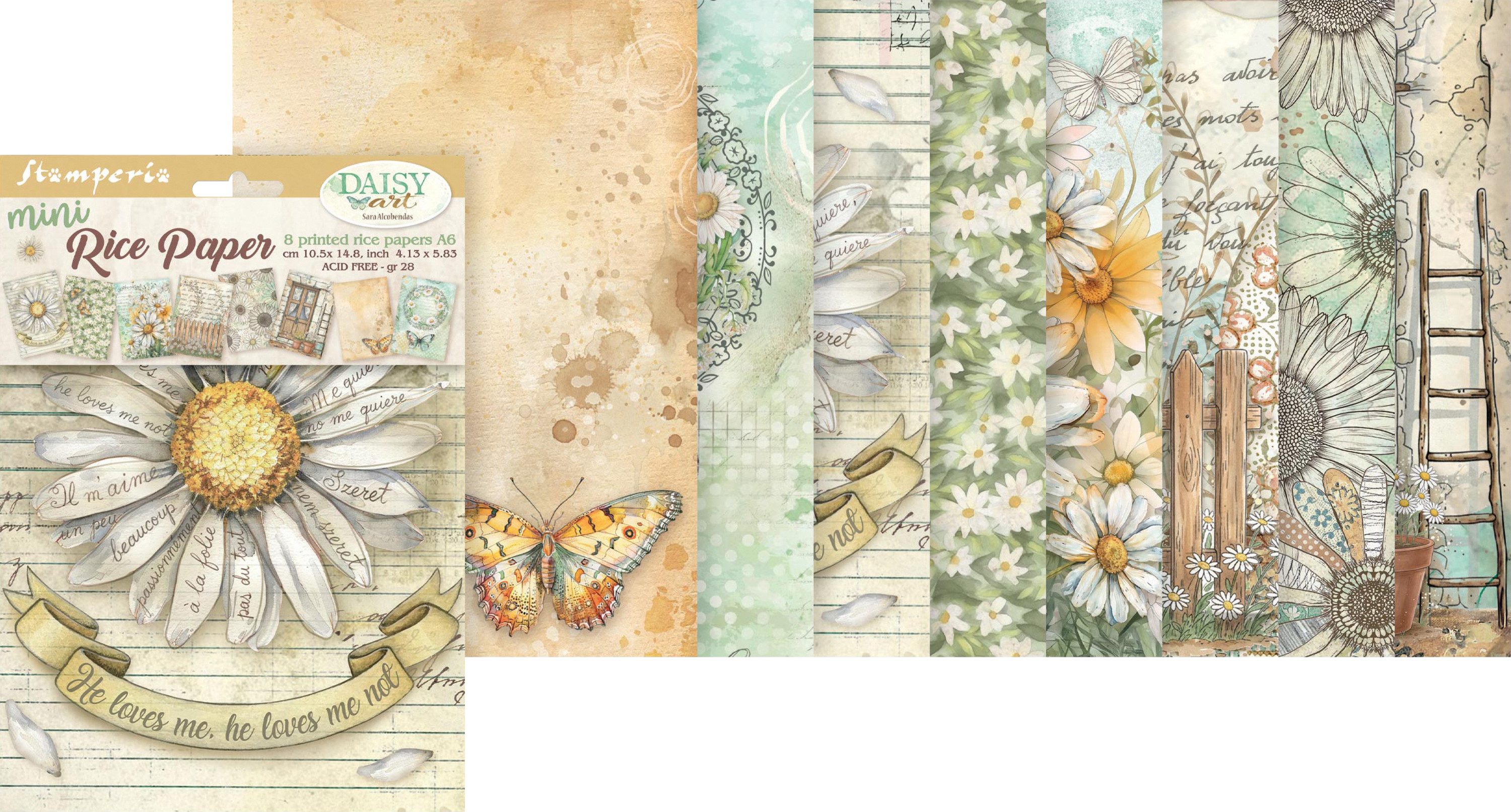 Stamperia Seidenpapier Motiv-Strohseiden Sortiment Daisy Art, 8er Set