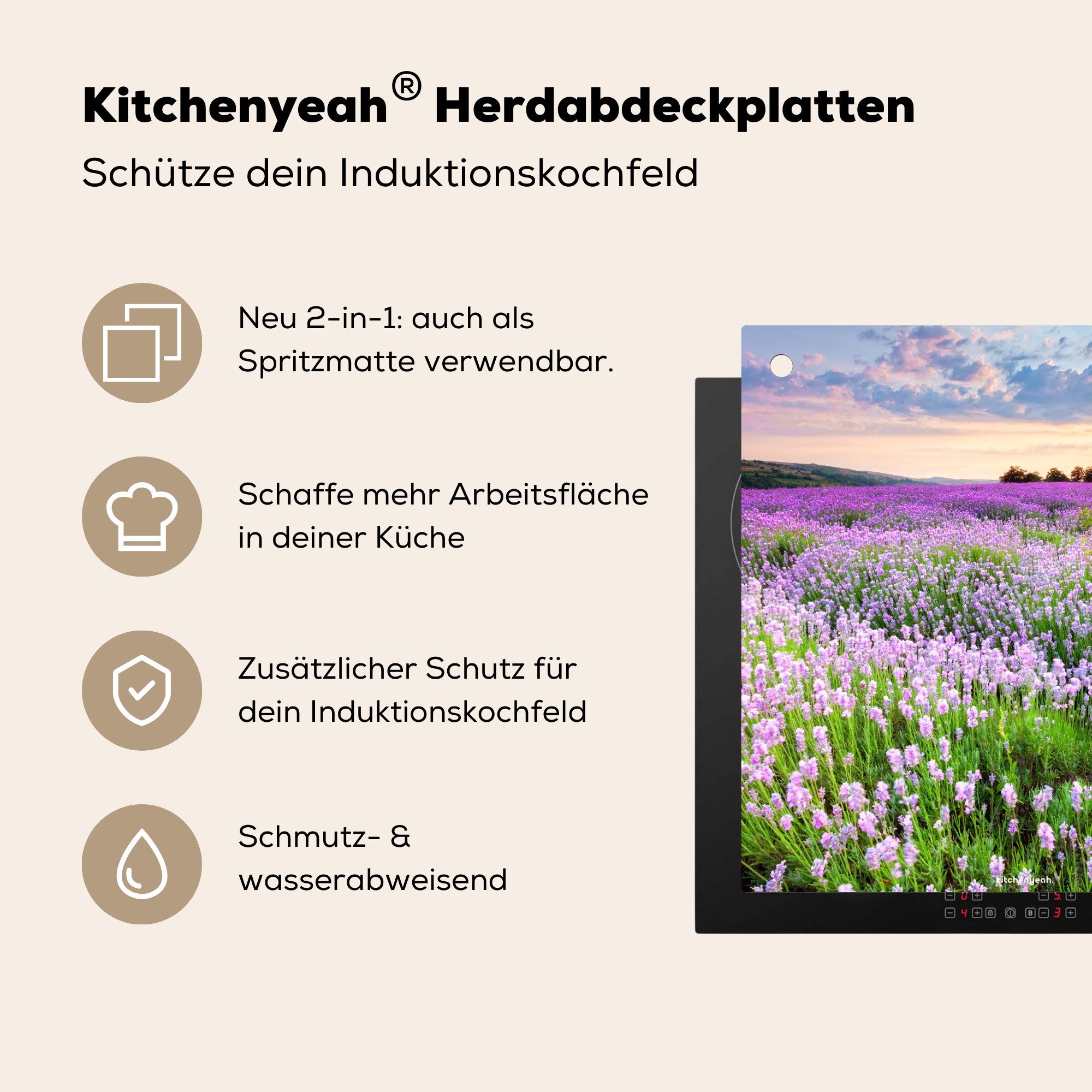 KitchenYeah Küchenrückwand Lavendel - Blumen - Lila - Blumenfeld, (1-tlg), Küche Herdabdeckung Ceranfeld Induktionsfeld Spritzschutz, 65x50 cm – Bild 4 von 5