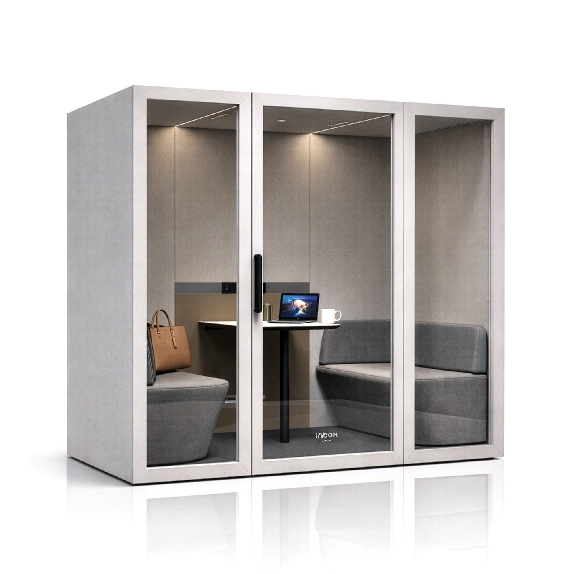 Jan Nowak Büromöbel-Set Akustikkabine Büro INBOX 4 Personen Meetingkabine LED Belüftung, (2100 x 2200 x 1220 mm Schalldämmung 30 dB 15 Luftwechsel/h), Besprechungskabine Office Pod Bürokabine 30 dB Tisch Sitzplätze