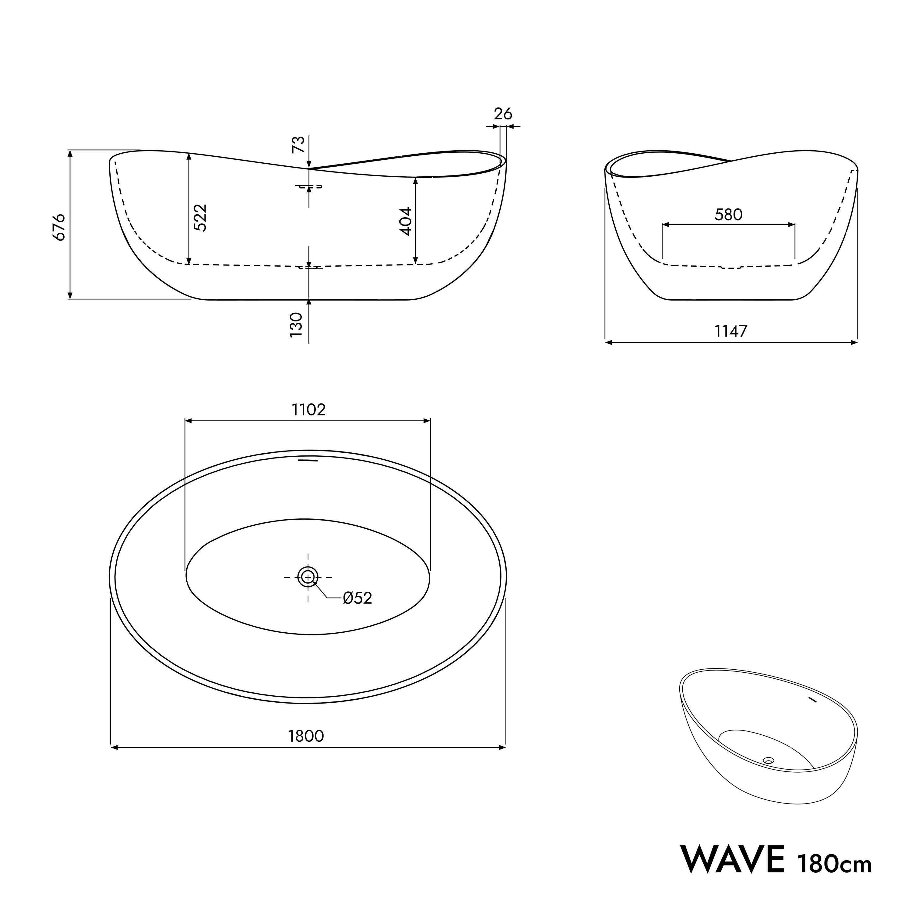 Bernstein Badewanne WAVE Weiß glänzend, (Acryl-Badewanne, freistehende Wanne, modernes Wellendesign), Freistehende Wanne 180x110x52 cm Hochwertiges Sanitäracryl