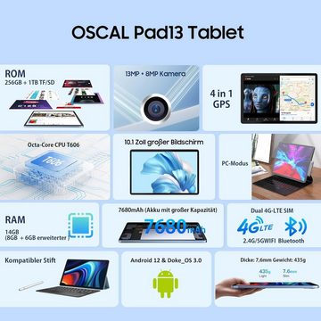 OSCAL Tablet (10", 256 GB, Android 12, 4G LTE, mit Touchstift Dual 4G-LTE, Octa-Core CPU, 7680mAh FHD 13MP+8MP, BT5.0)