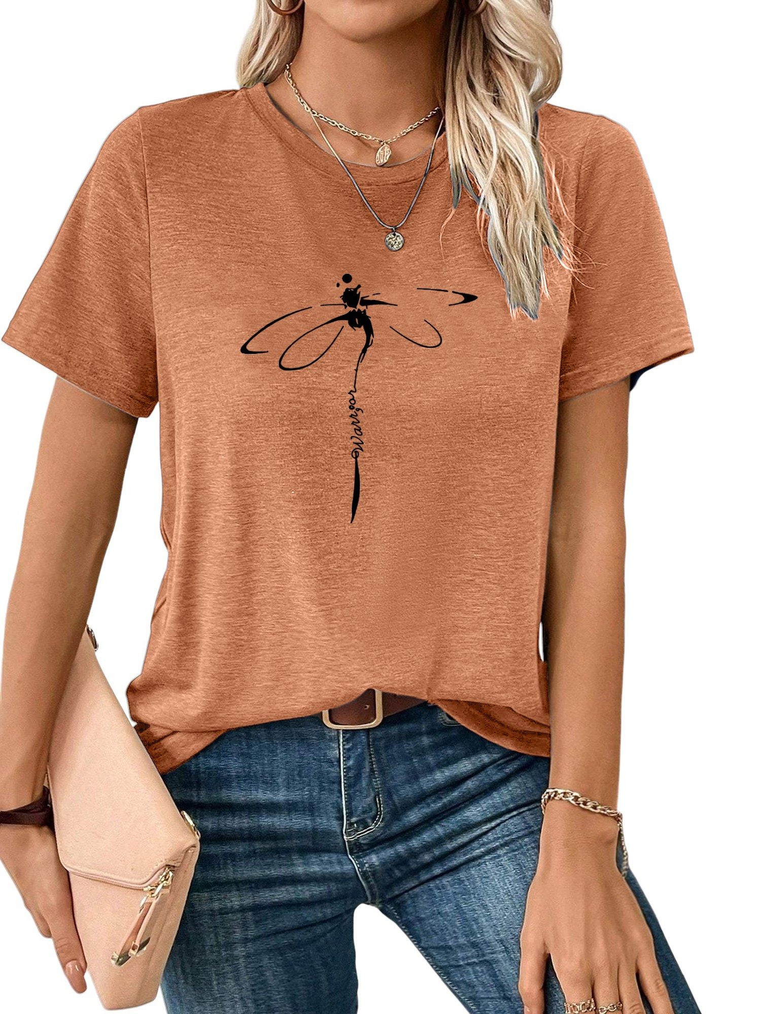 PYLIKE Rundhalsshirt Damen Sommer Casual Basic Rundhalsshirt mit Kurzarm Locker Tee