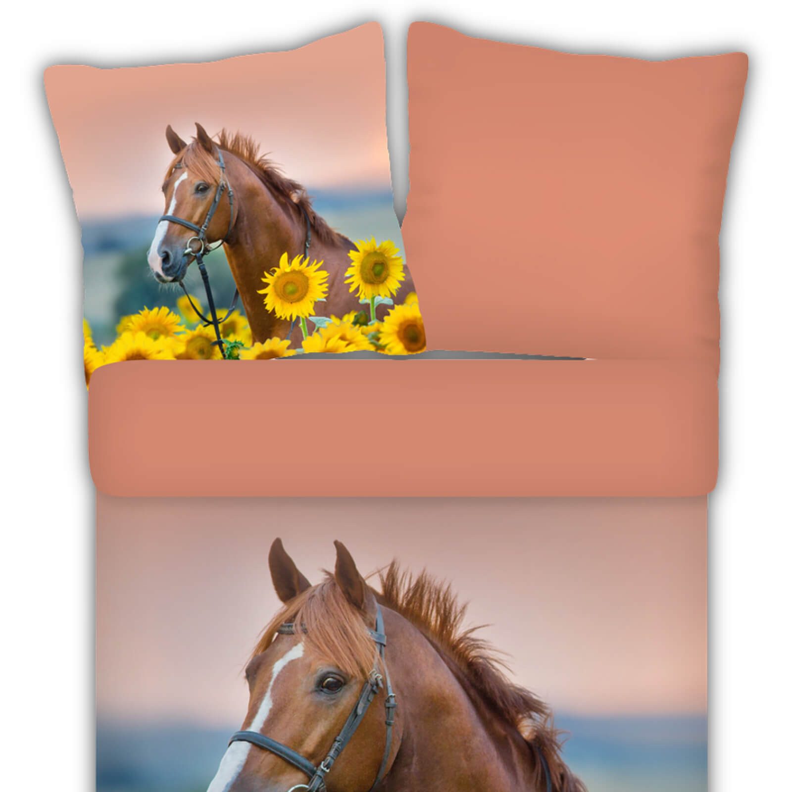 ESPiCO Kinderbettwäsche Pferd Sonnenblumen Trendy Bedding, Renforcé, 2 teilig, Pferd, Sonnenblumen, Landschaft